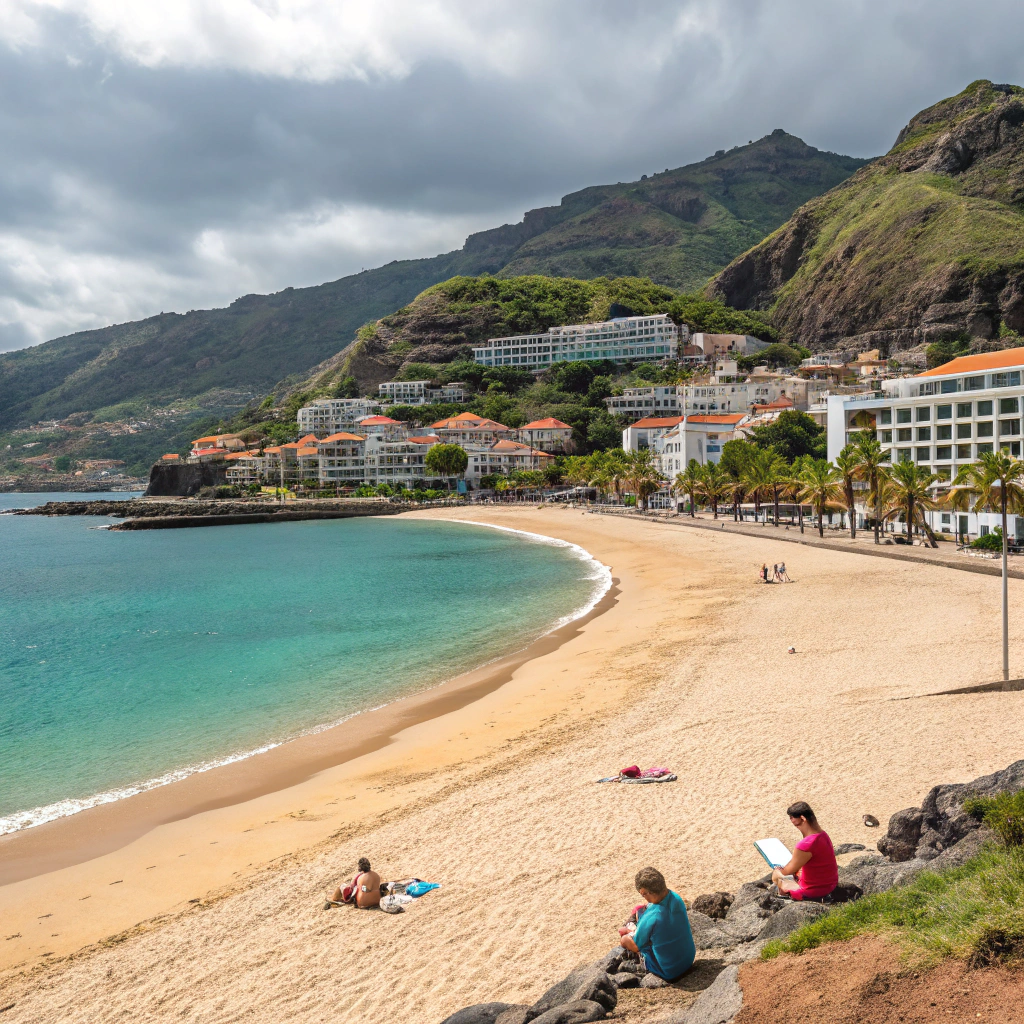 Plaża Praia de Machico na Maderze, z turkusowym morzem i luksusowymi hotelami oferującymi noclegi i relaks