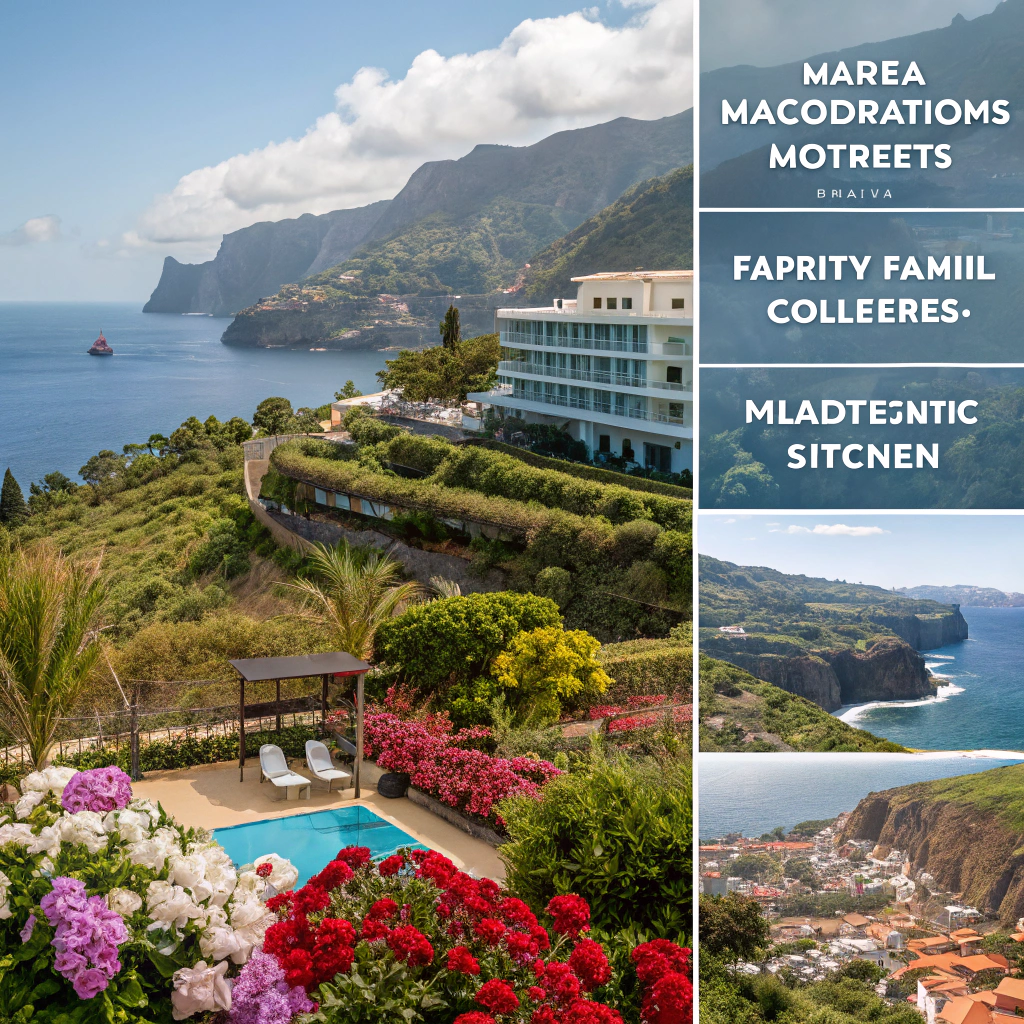 Różnorodne hotele i apartamenty na Maderze z widokiem na ocean, basenem i kwitnącą roślinnością.
