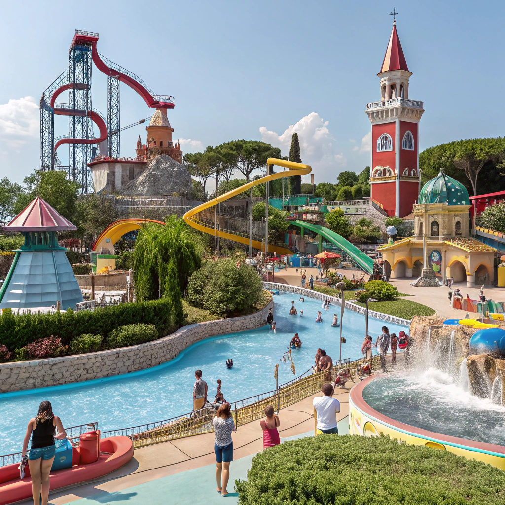 Kolorowy park rozrywki z rollercoasterami i zamkiem, tętniący życiem z rodzinami, Rimini.