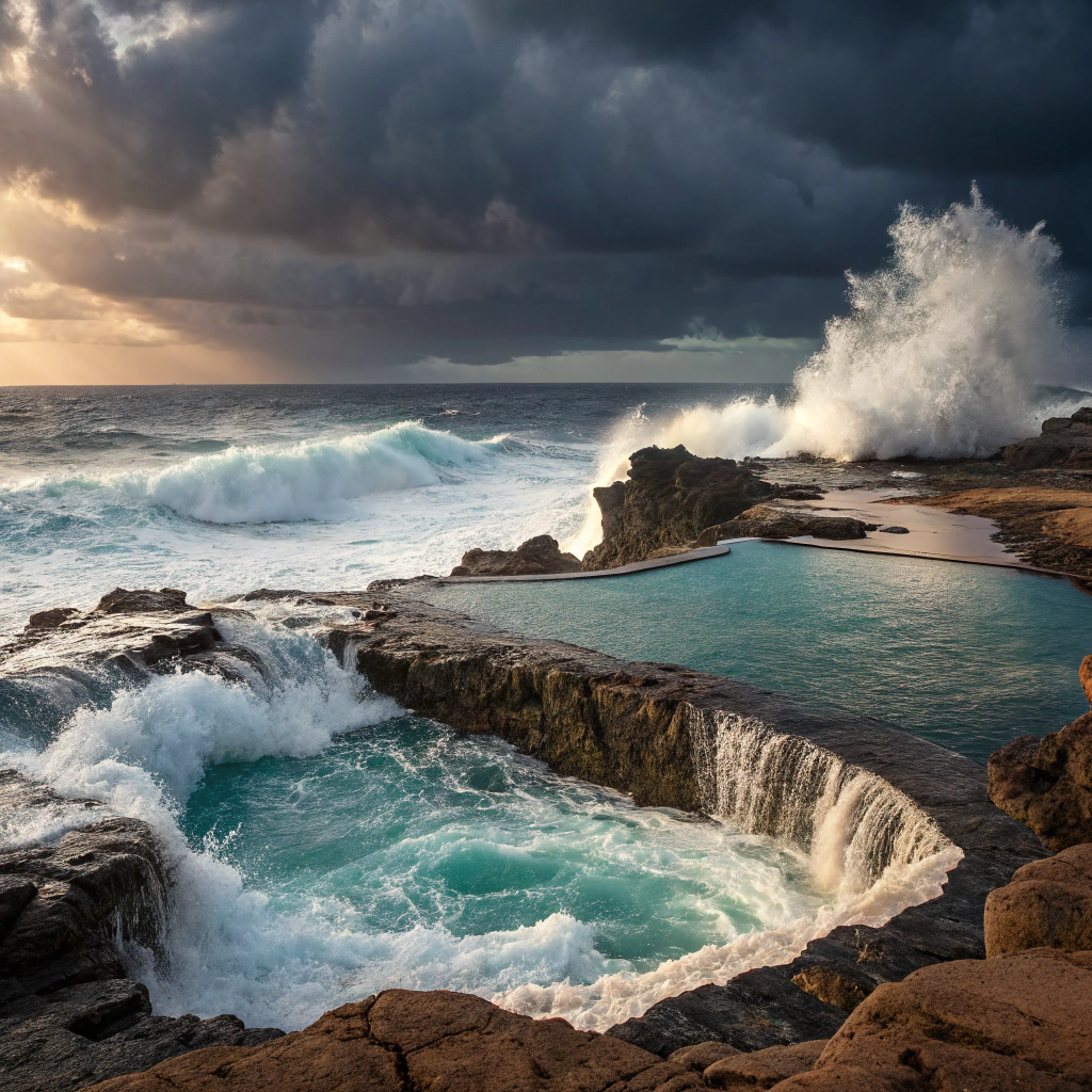 Burzliwy ocean i spokojne naturalne baseny skalne na tle skalistego wybrzeża.