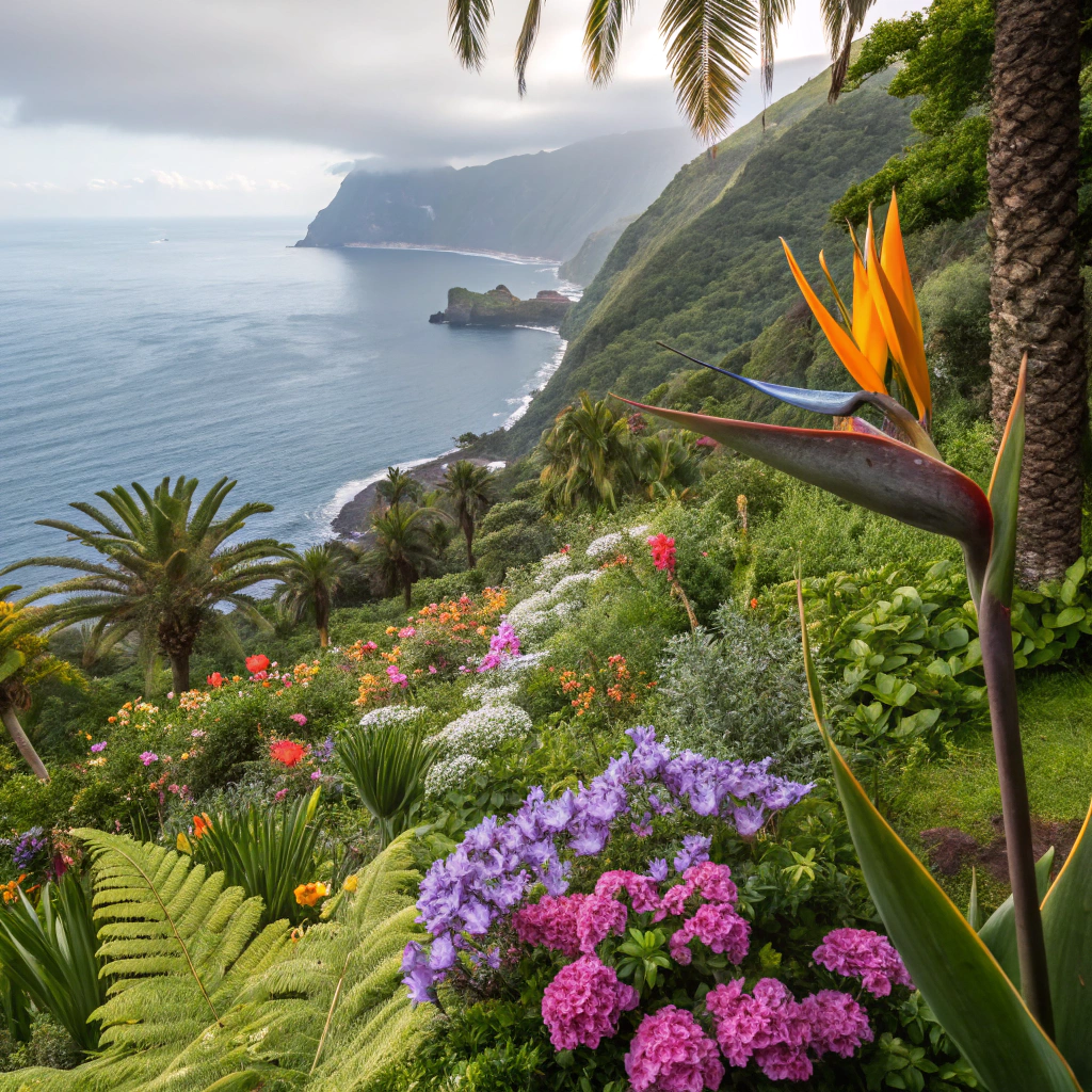 Madeira: strelicja królewska wśród bujnej roślinności, delfiny i wieloryby w tle
