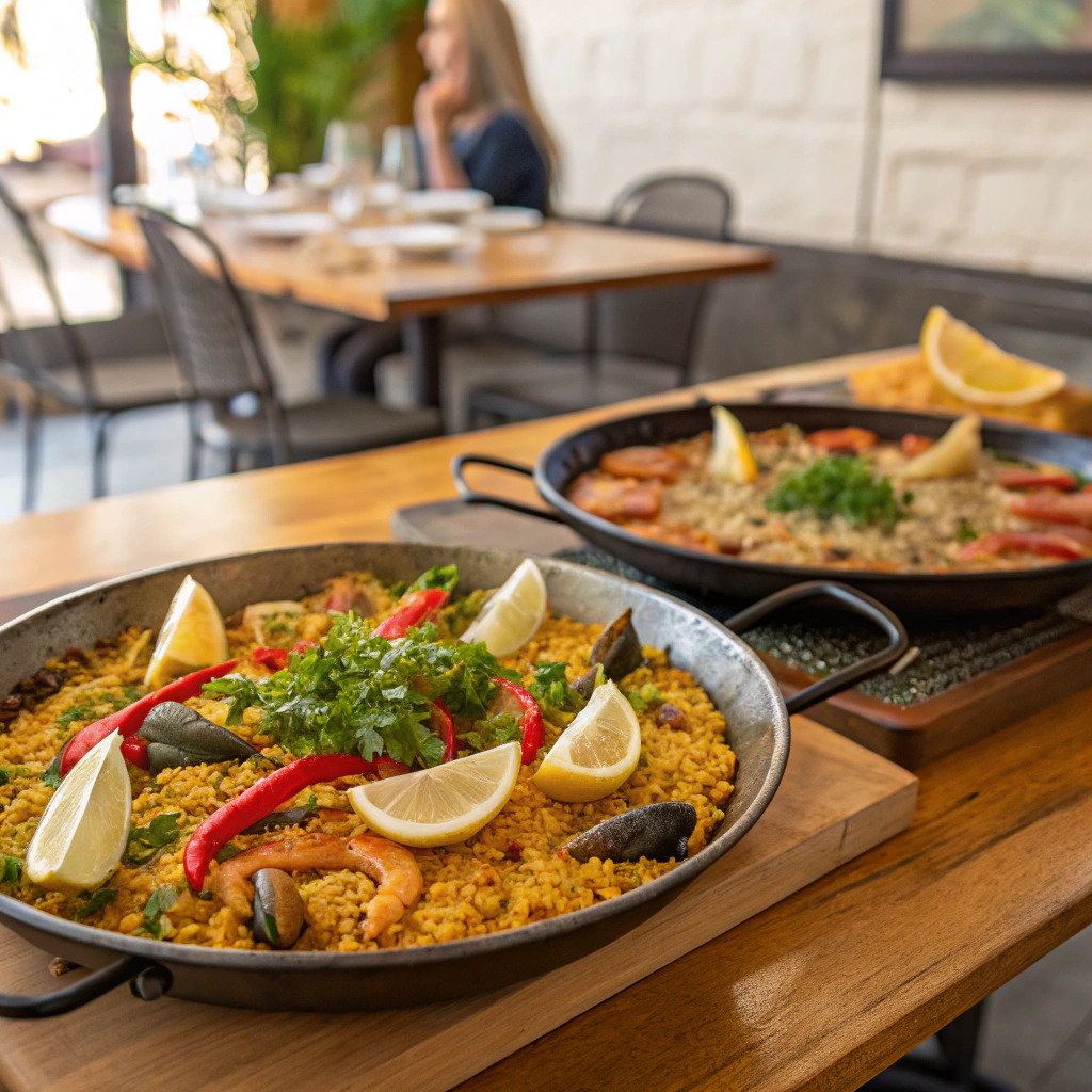 Tradycyjna paella i fideuá z owocami morza na drewnianym stole w restauracji.