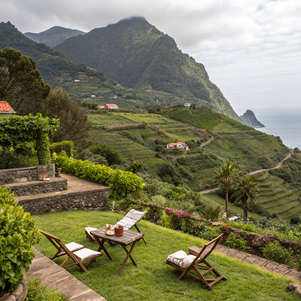 Agroturystyka na Maderze z ogrodem, leżakami i stołem z lokalnym śniadaniem na tle gór.
