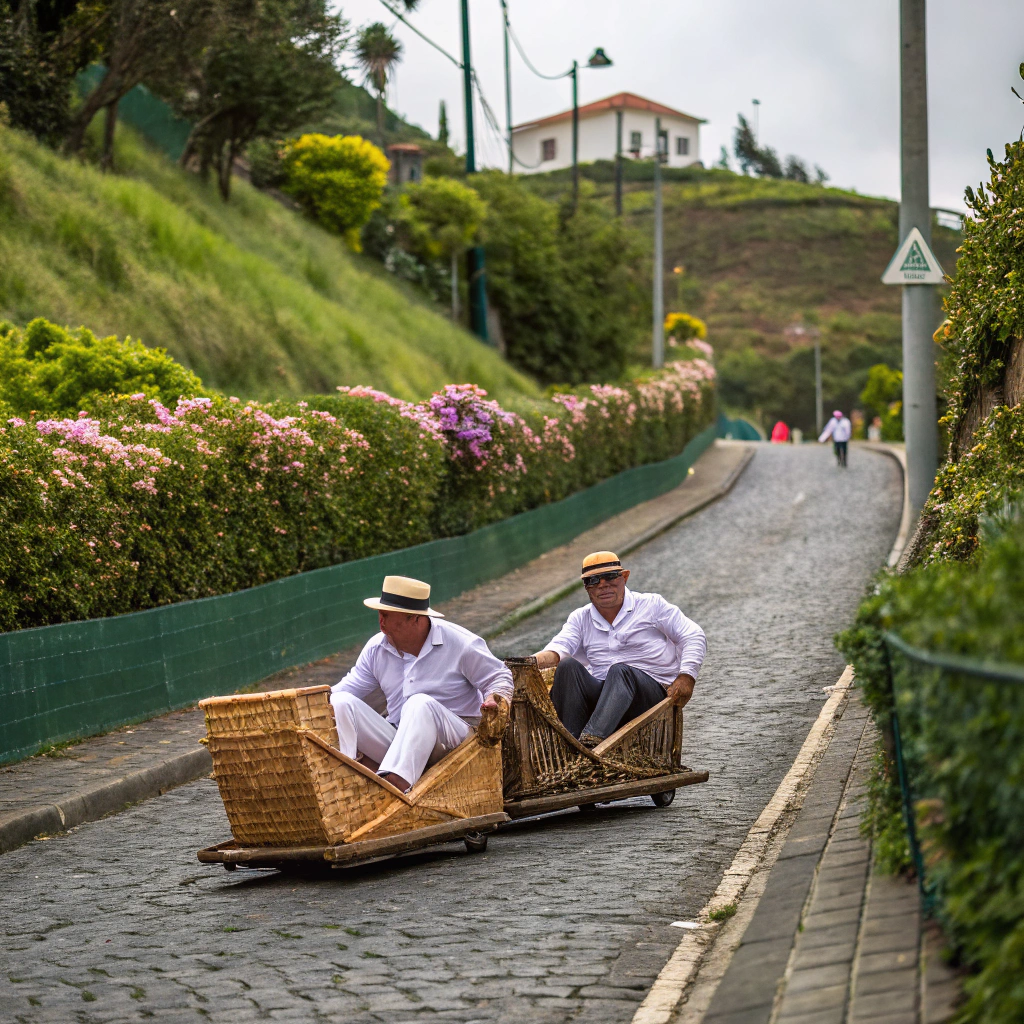 Tradycyjny zjazd wiklinowymi saniami z Monte w Funchal.