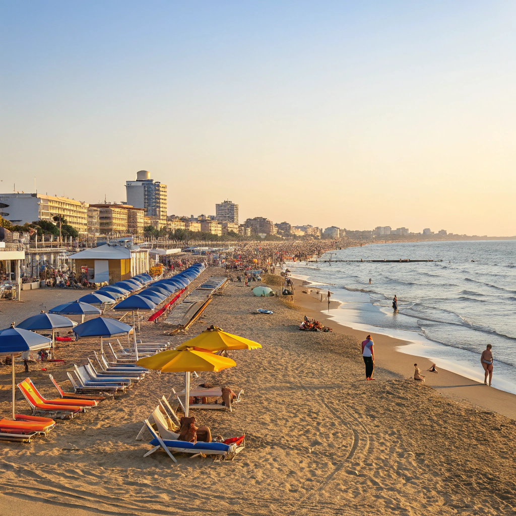 Złociste plaże Rimini o zachodzie słońca z kolorowymi parasolami i leżakami, tętniące życiem plażowe bary i restauracje, oraz sylwetki tańczących ludzi.
