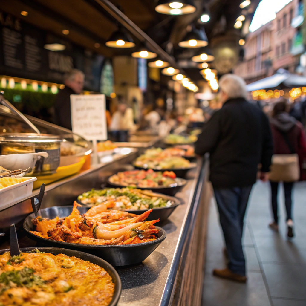 Tapas i owoce morza ze stołu baru Quim de la Boqueria na targu Mercado
