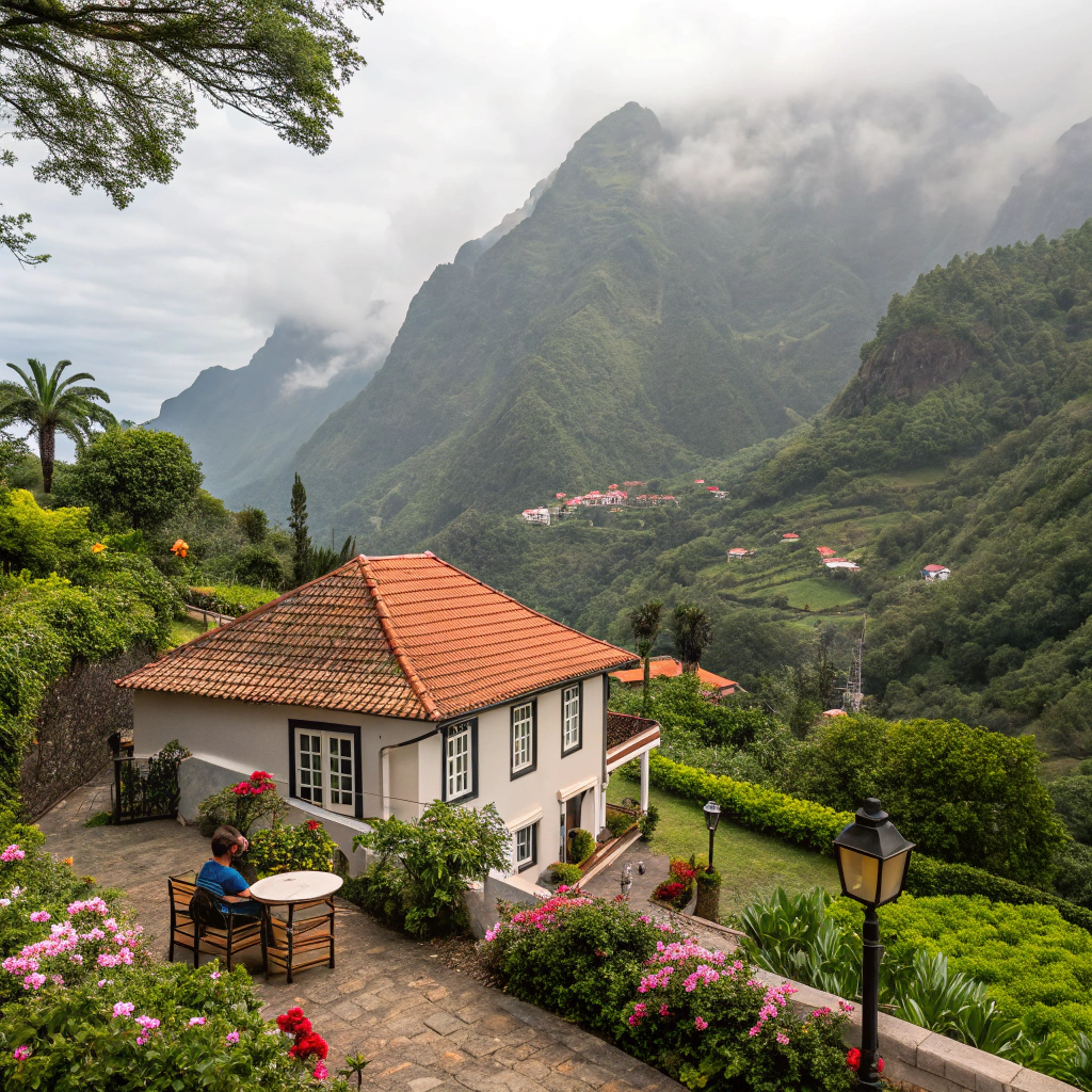 Malowniczy domek agroturystyczny w São Vicente, Madera, otoczony zielenią i górami.