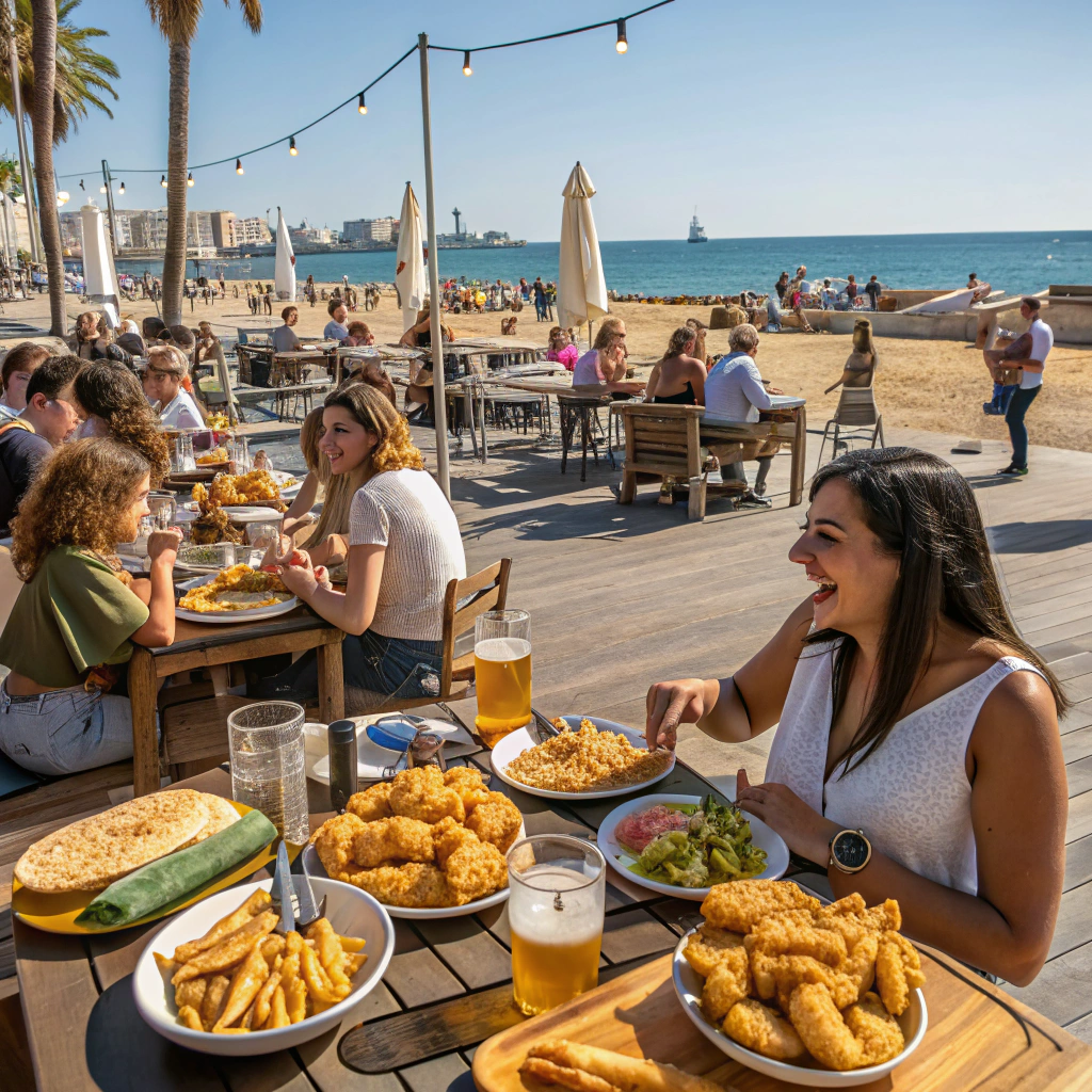 Tłum ludzi jedzących owoce morza i tapas na tarasie restauracji Jai Ca przy plaży w Barcelonie