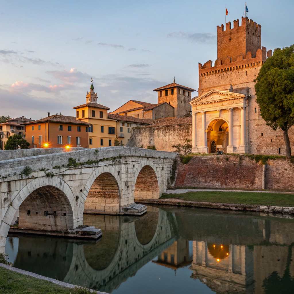 Historyczne centrum Rimini z Łukiem Augusta, Mostem Tyberiusza i Piazza Cavour o zachodzie słońca.