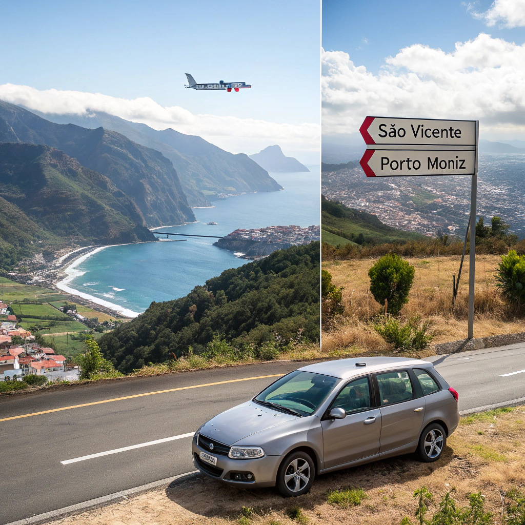Wynajem samochodu na Maderze w otoczeniu gór i oceanu, z widocznym znakiem drogowym i lotniskiem w tle.