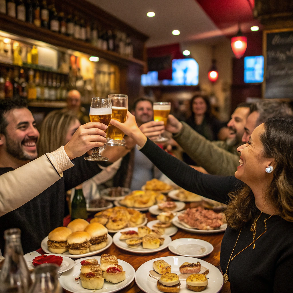 Wesoły tłum w Can Paixano wznoszący lampki z cavą przy kanapkach i tapas.