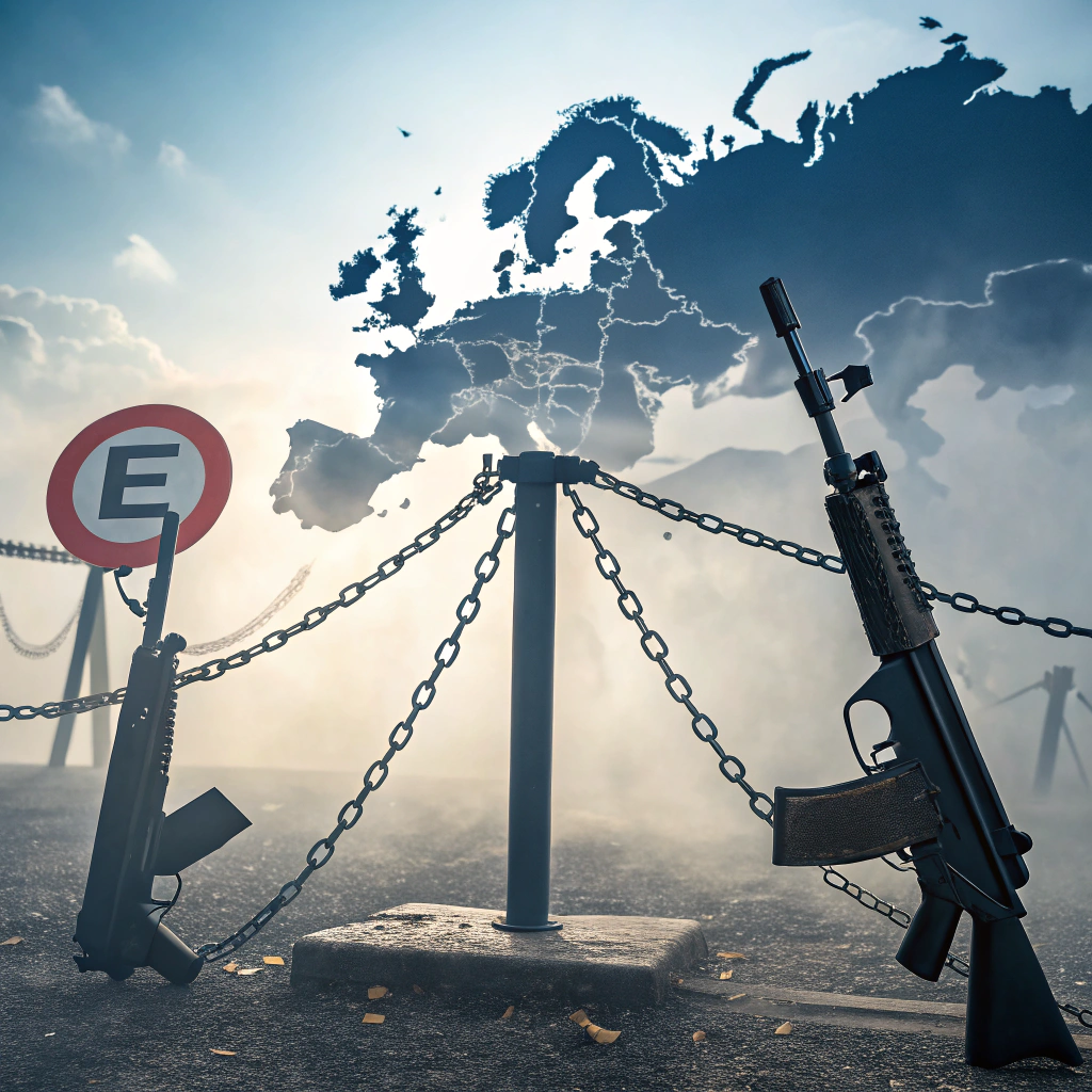 Symboliczna bariera z bronią i znak zakazu na tle stylizowanej mapy Europy, ilustrująca przepisy dotyczące wywozu broni i amunicji.