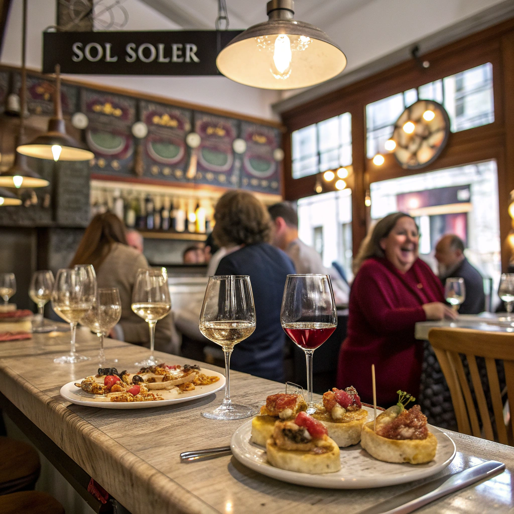 Wnętrze hiszpańskiego tapas baru Sól Soler z kieliszkami wina i tradycyjnym tapas patatas bravas