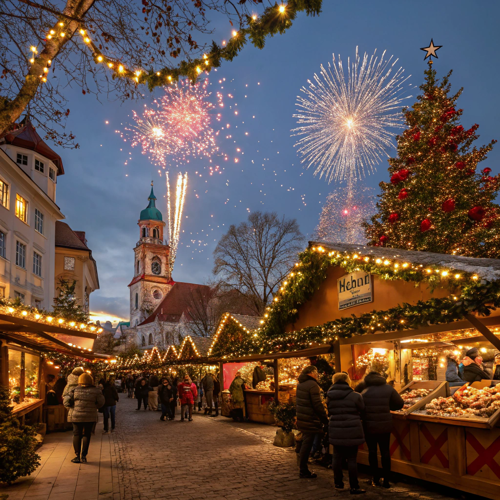 Wesoły jarmark świąteczny z szopkami bożonarodzeniowymi i muzykami grającymi kolędy