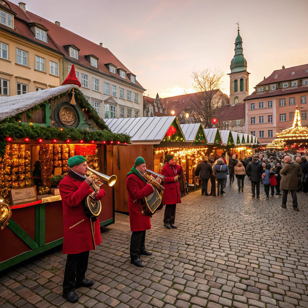 Tradycyjne kolędowanie podczas występu regionalnego zespołu na jarmarku bożonarodzeniowym.