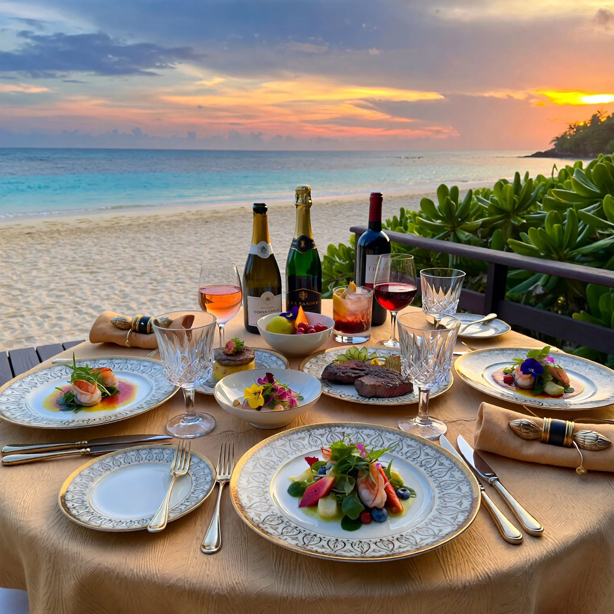 Elegancko nakryty stół na tarasie z widokiem na plażę, z różnorodnymi daniami i napojami w atmosferze luksusowego all inclusive.