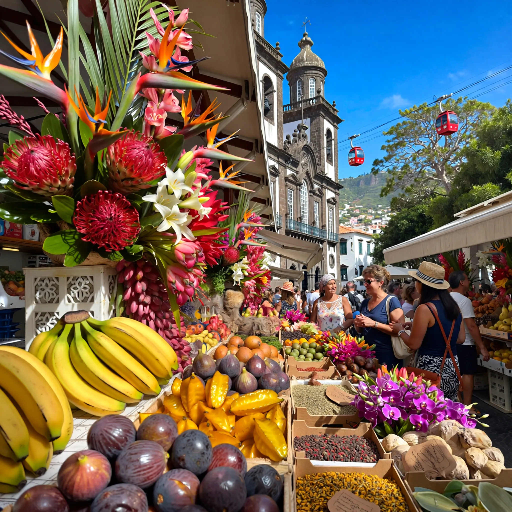Tętniąca życiem scena z Mercado dos Lavradores w Funchal, z kolorowymi produktami i Katedrą Funchal w tle.