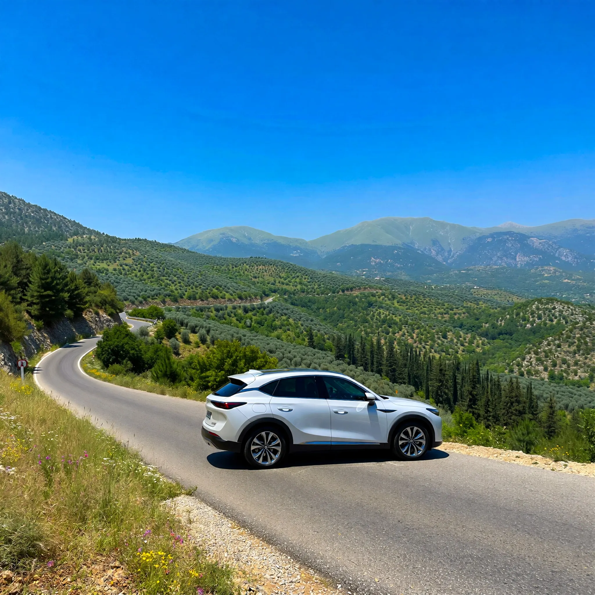 Nowoczesny samochód wynajęty na malowniczej drodze w Turcji, otoczony bujnymi krajobrazami i górami.