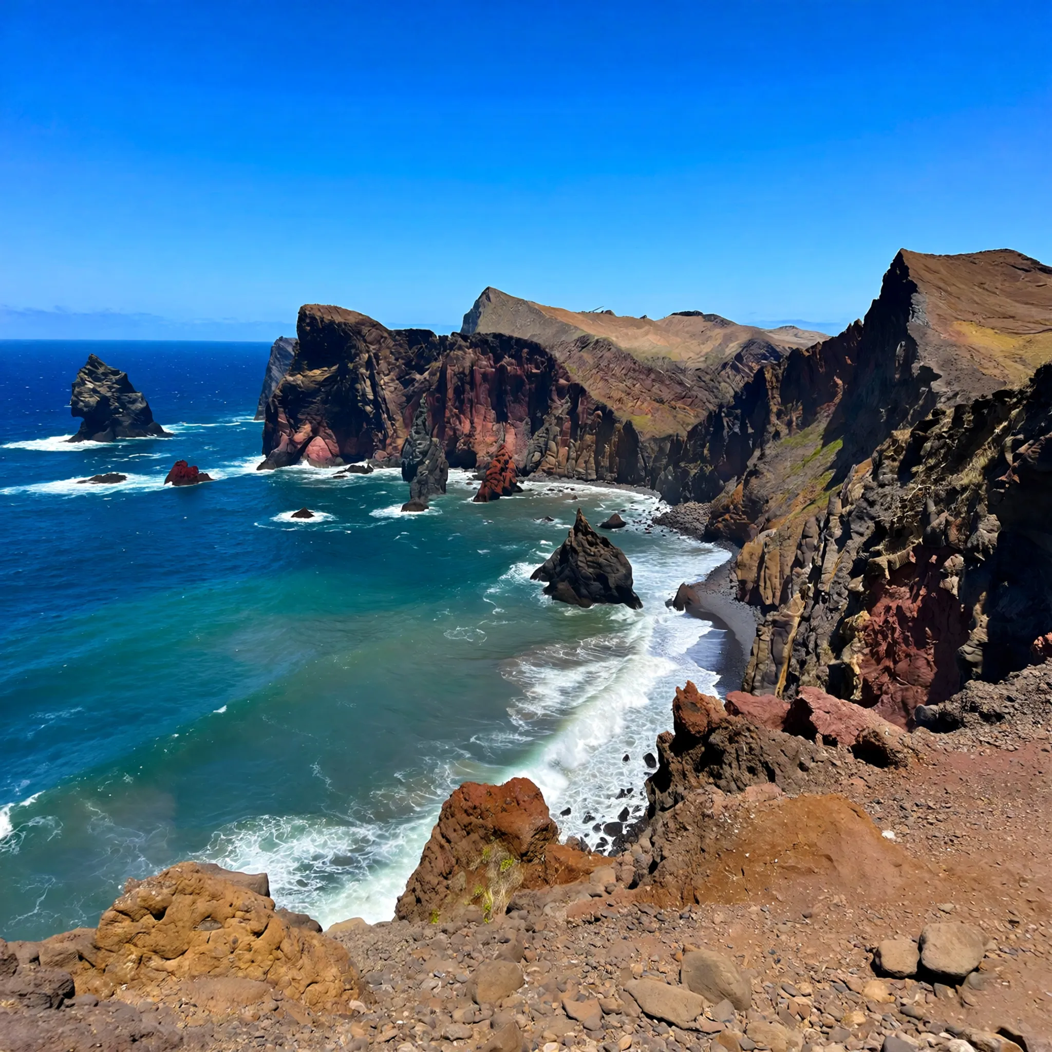 Surowy krajobraz wulkaniczny Ponta de São Lourenço z klifami, turkusową wodą i czarnym piaskiem Prainha do Caniçal.
