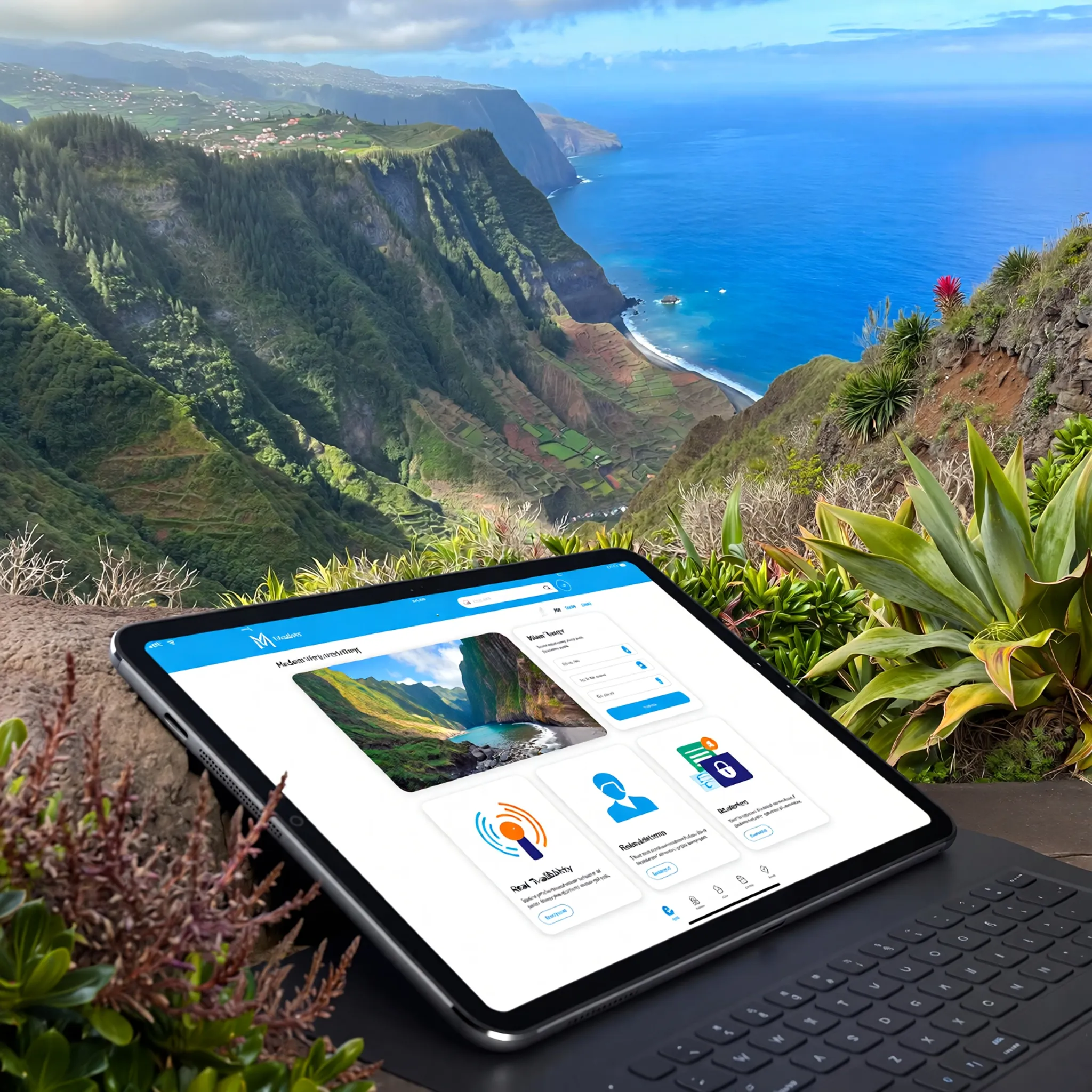Nowoczesny interfejs systemu rezerwacji SIMplifica na tablecie, z widokiem na malownicze krajobrazy Madery.