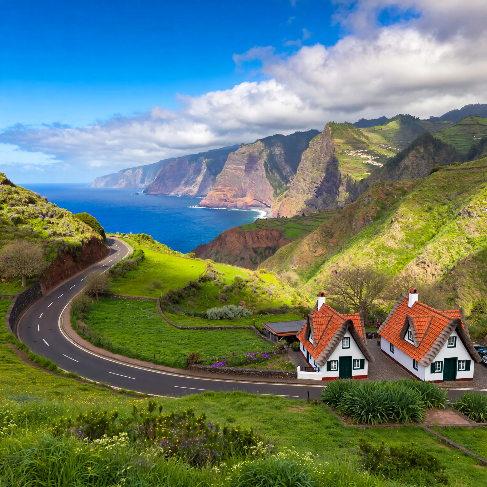 Lush green landscape of Madeira in spring with traditional Santana houses and Cabo Girão cliffs, ideal for adventure and exploration.