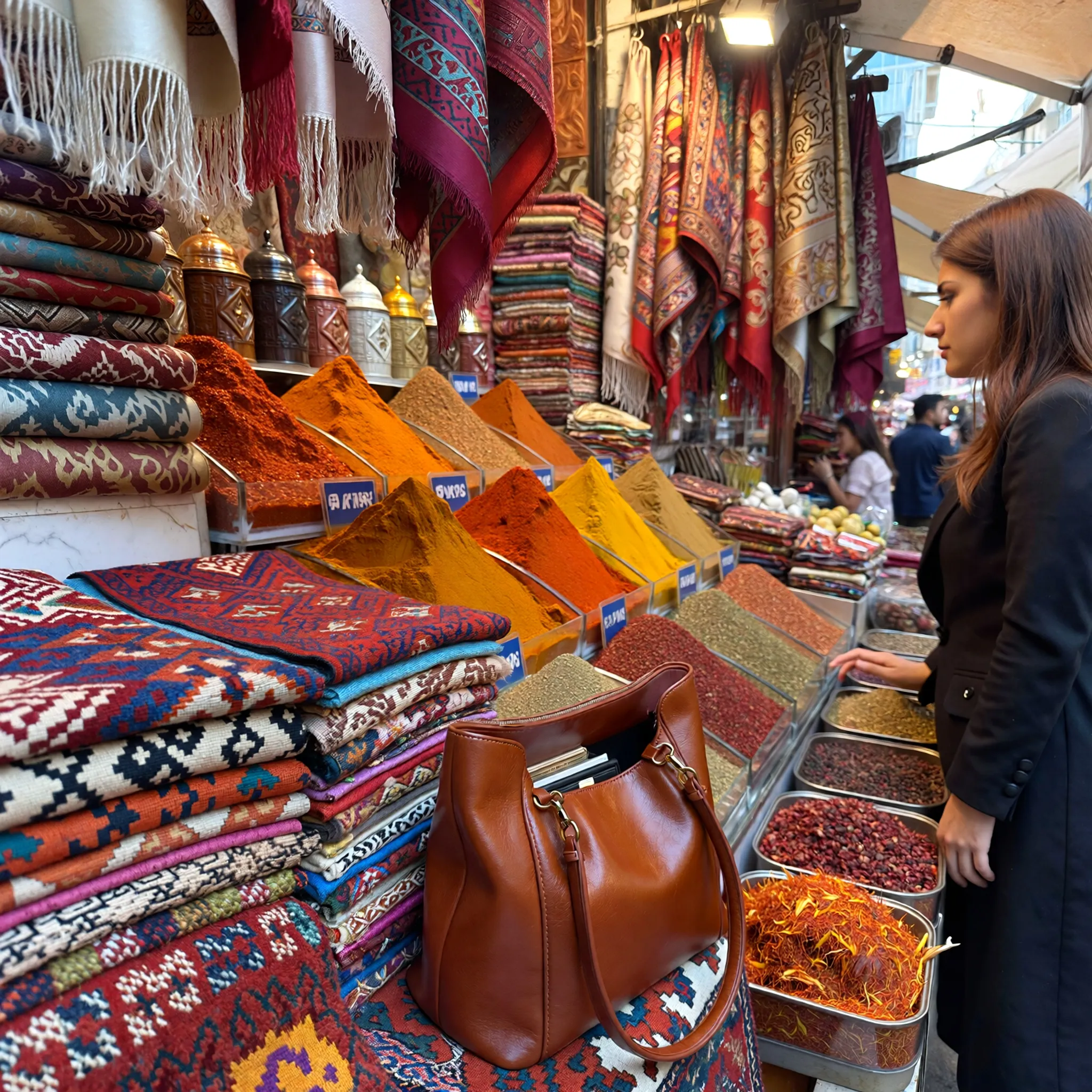 Kobieta w turystycznym rynku w Turcji, z torebką na tle kolorowych tekstyliów, podkreślająca bezpieczeństwo dla podróżniczek.