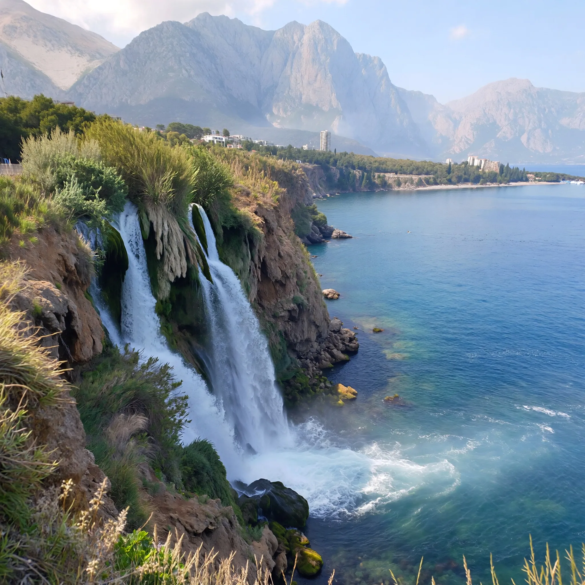 Wodospady Düden spadające z 40 metrów w otoczeniu zieleni, z Górami Taurus w tle, tworzą malowniczy krajobraz.