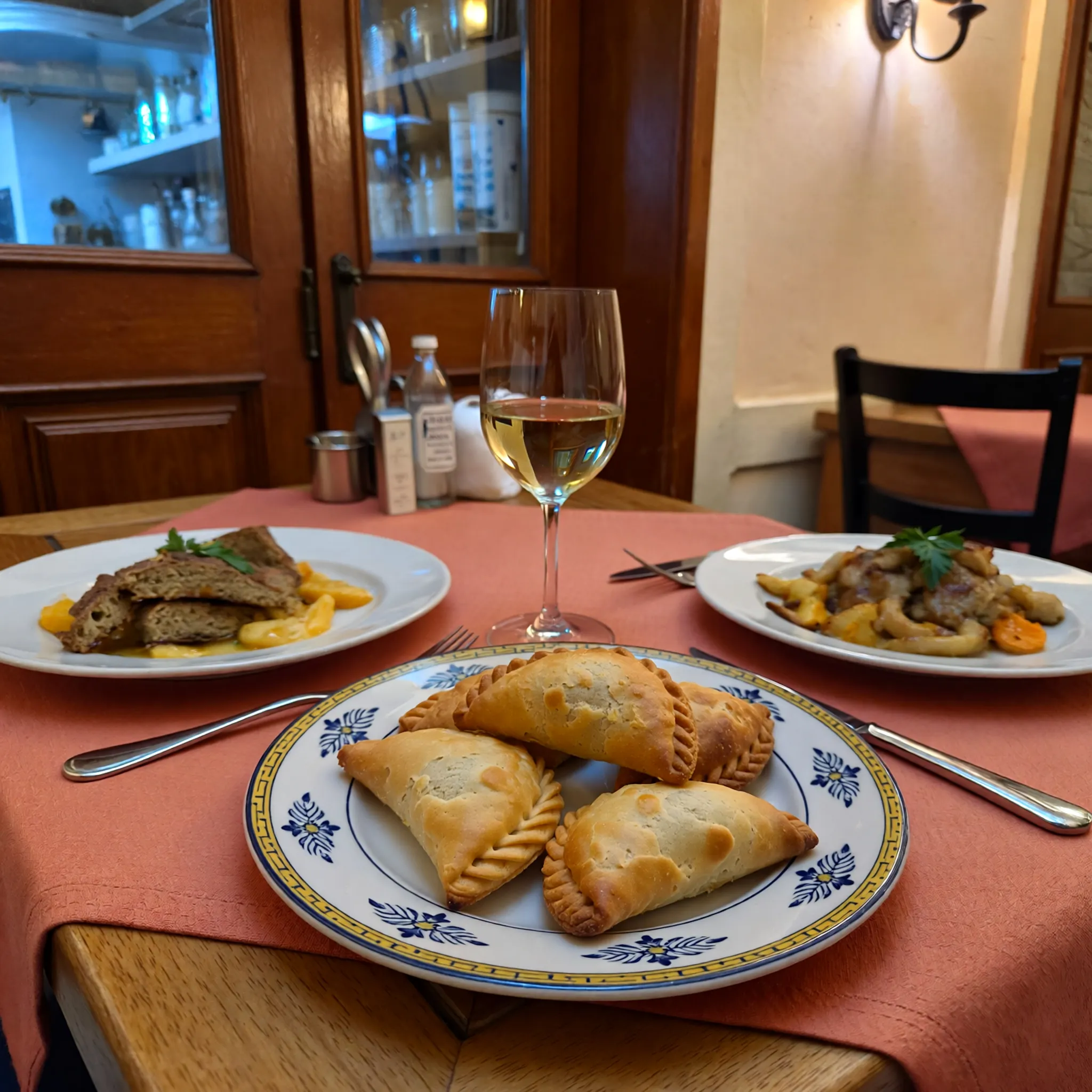Elegancko nakryty stół w maltańskiej restauracji z Pastizzi, winem i dwudaniowym posiłkiem dla dwojga w przytulnej atmosferze.