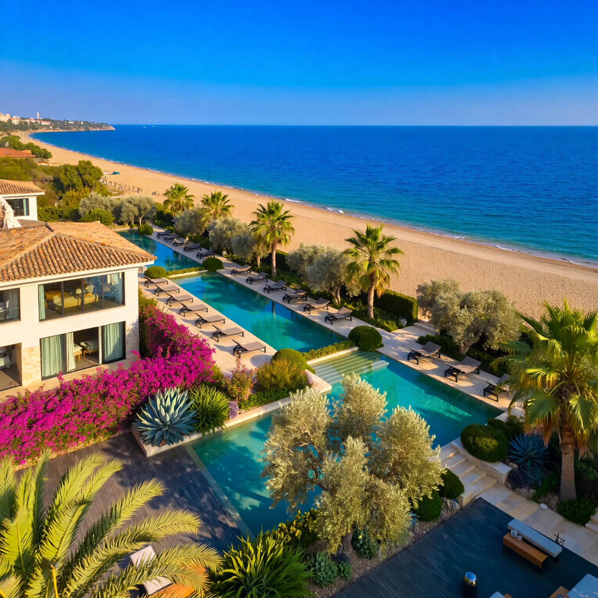 Luksusowy resort w Antalyi z widokiem na plażę Lara, palmami i błękitnym Morzem Śródziemnym w tle Kaleiçi.