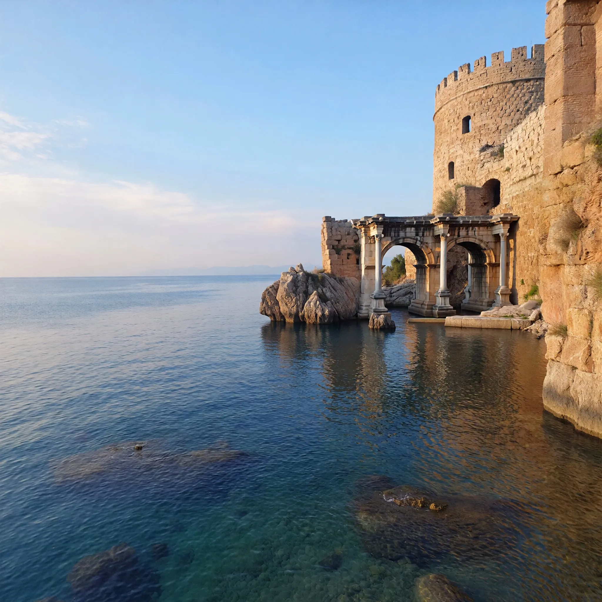 Hadrian's Gate and Hıdırlık Tower in Antalya, showcasing Roman heritage and ancient architecture under soft sunlight.