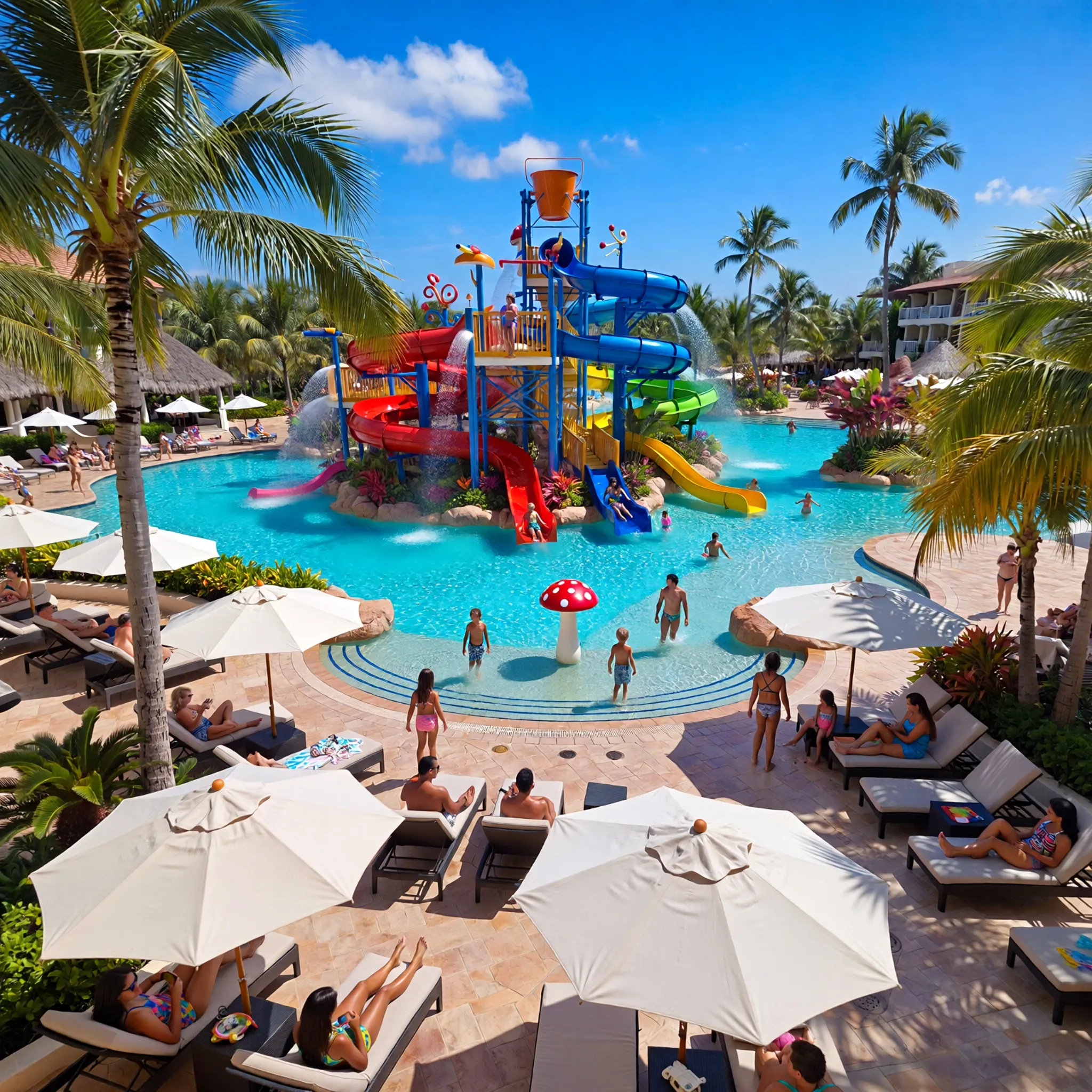 Rodzinny hotel z aquaparkiem, kolorowe zjeżdżalnie, dzieci bawiące się w wodzie, tropikalna atmosfera i błękitne niebo.