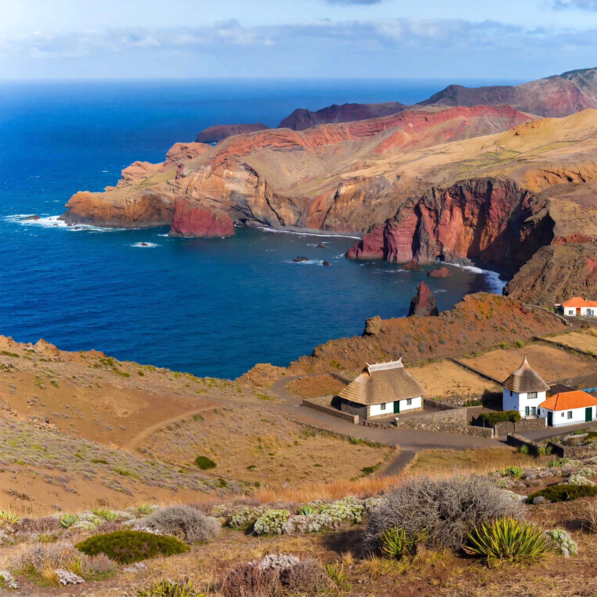 Rugged landscape of Ponta de São Lourenço with dramatic cliffs, ocean backdrop, and colorful traditional houses in Santana.