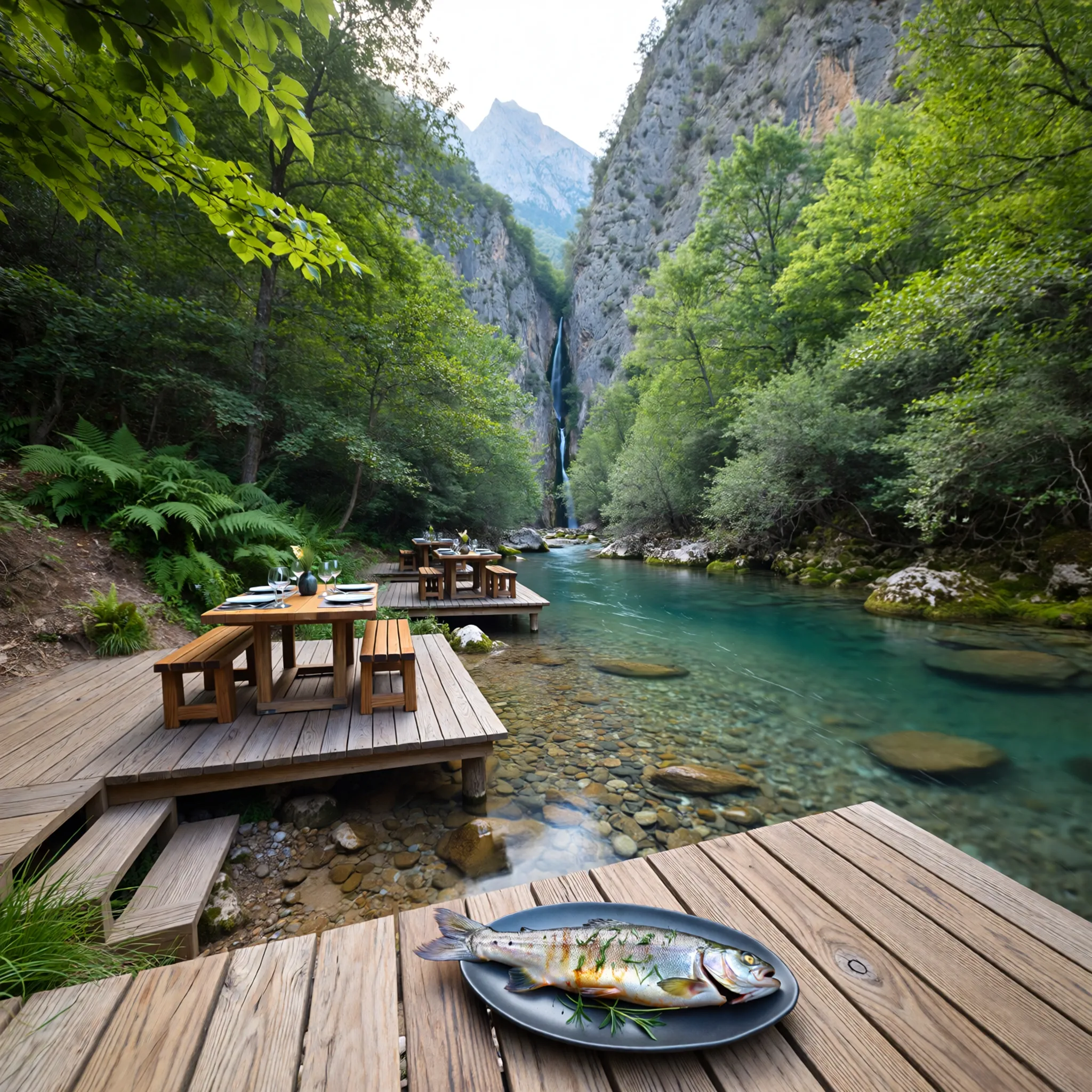 Spokojna scena nad rzeką Dimçay z drewnianymi platformami, świeżym pstrągiem i widokiem na wodospady w Kanionie Sapadere.