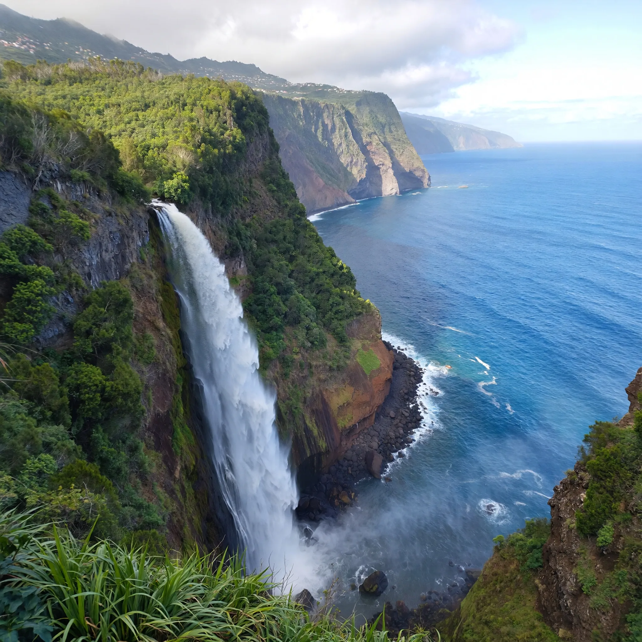 Północne wybrzeże i wodospady spadające do oceanu przy Miradouro do Véu da Noiva
