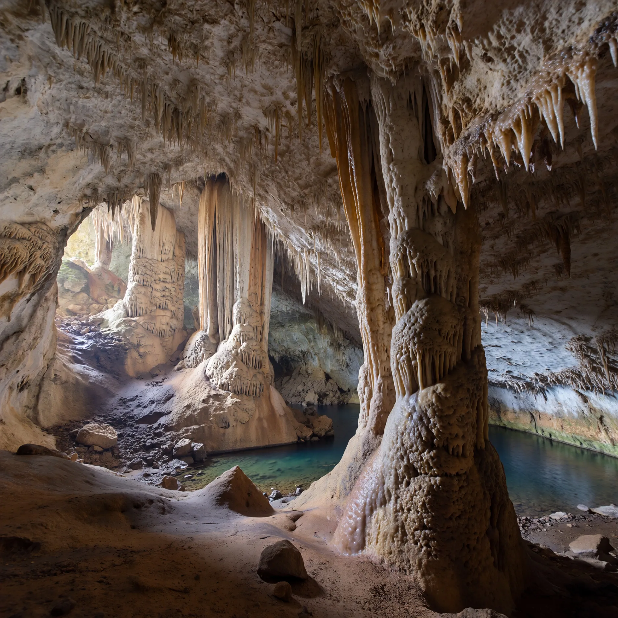 Widok jaskini Damlataş z unikalnymi stalaktytami i stalagmitami, podkreślony naturalnym światłem i podziemnym jeziorem.