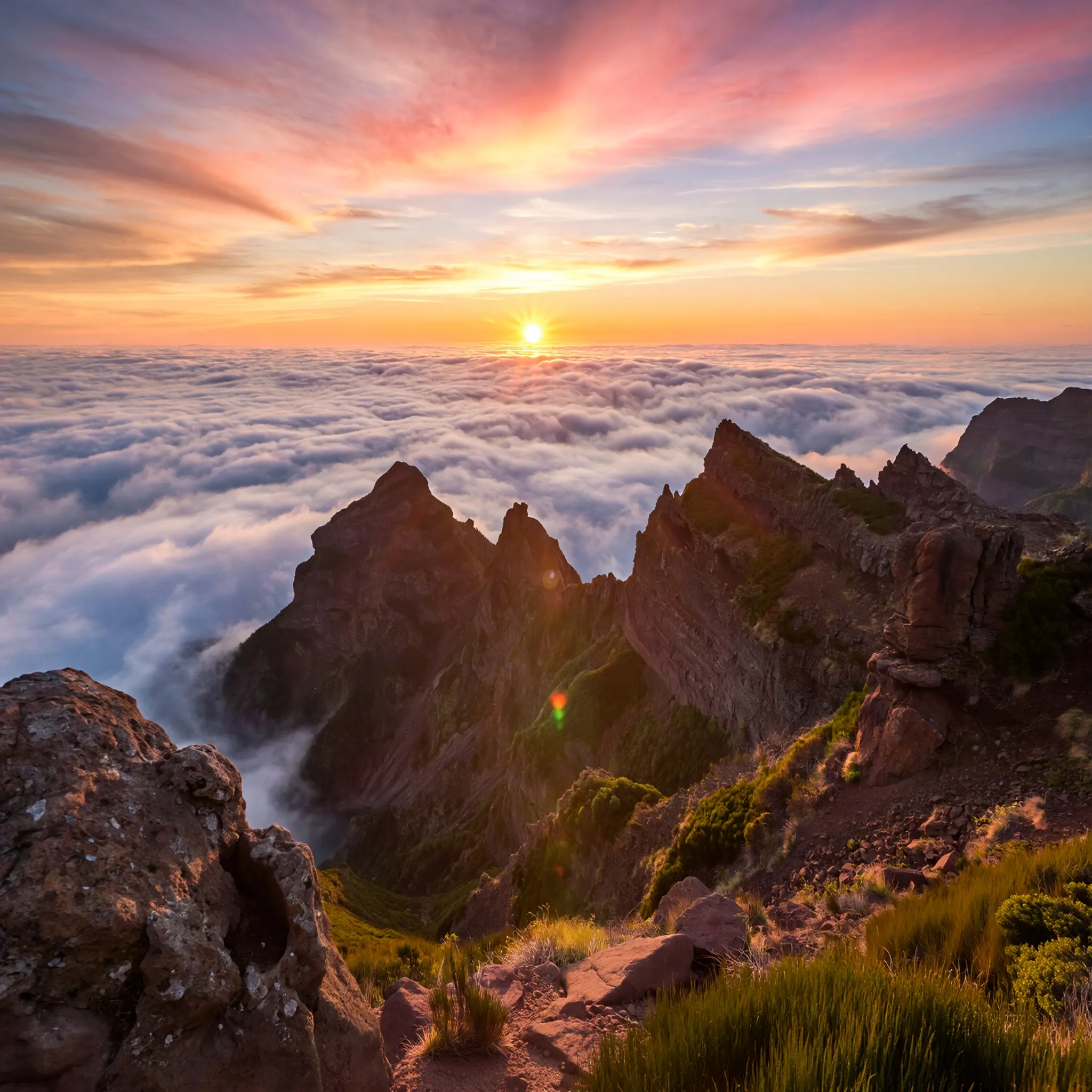 Wschody słońca ponad chmurami na szczytach Pico do Areeiro i Pico Ruivo