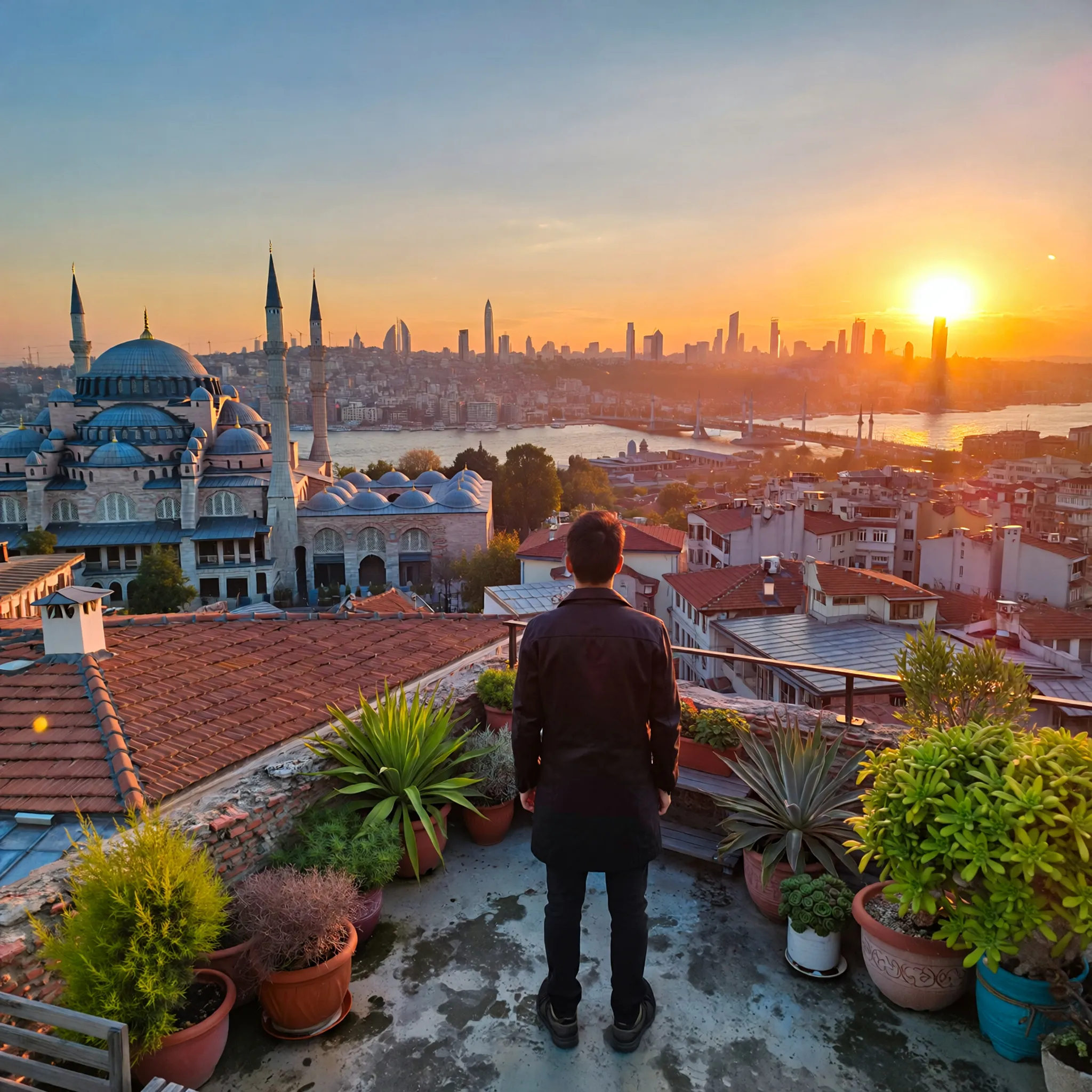 Sceniczny widok Stambułu o zachodzie słońca, z podróżnikiem na tarasie, w tle Hagia Sophia i Bosfor.