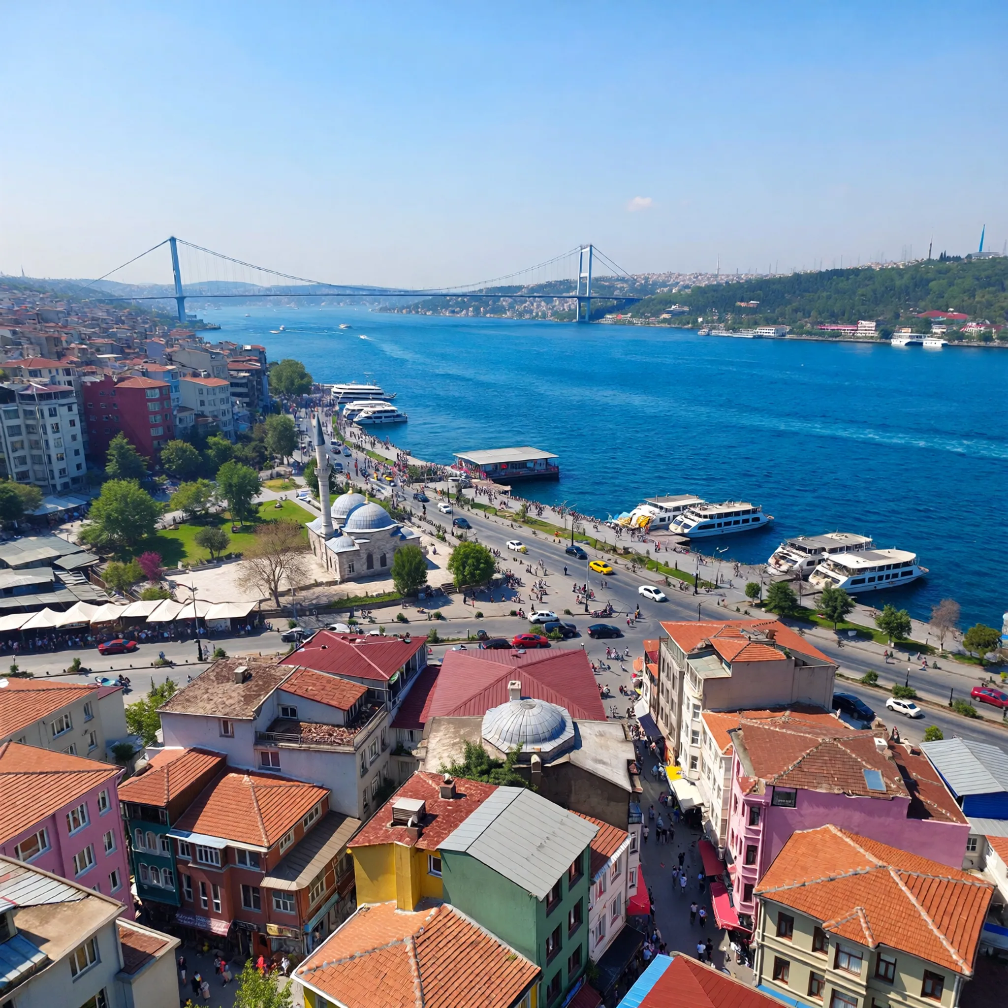Panoramiczny widok z Wieży Galata na Złoty Róg, Most Bosforski w tle, tętniący życiem Karaköy i tradycyjna architektura Üsküdar.
