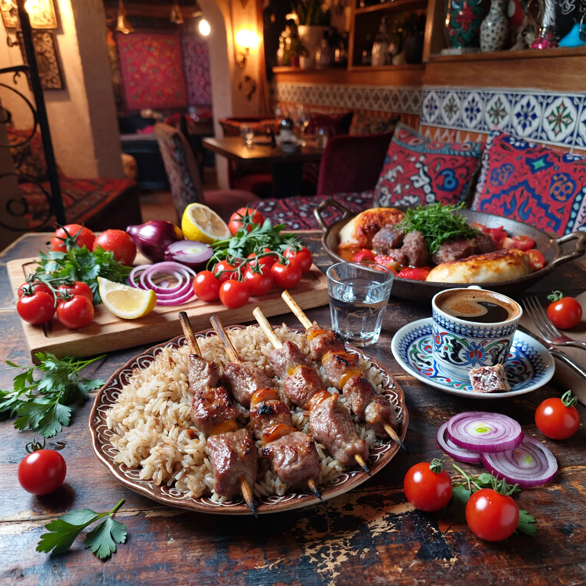 Tradycyjne tureckie dania na drewnianym stole, w tym kebab, kawa po turecku i świeże warzywa w przytulnej restauracji.