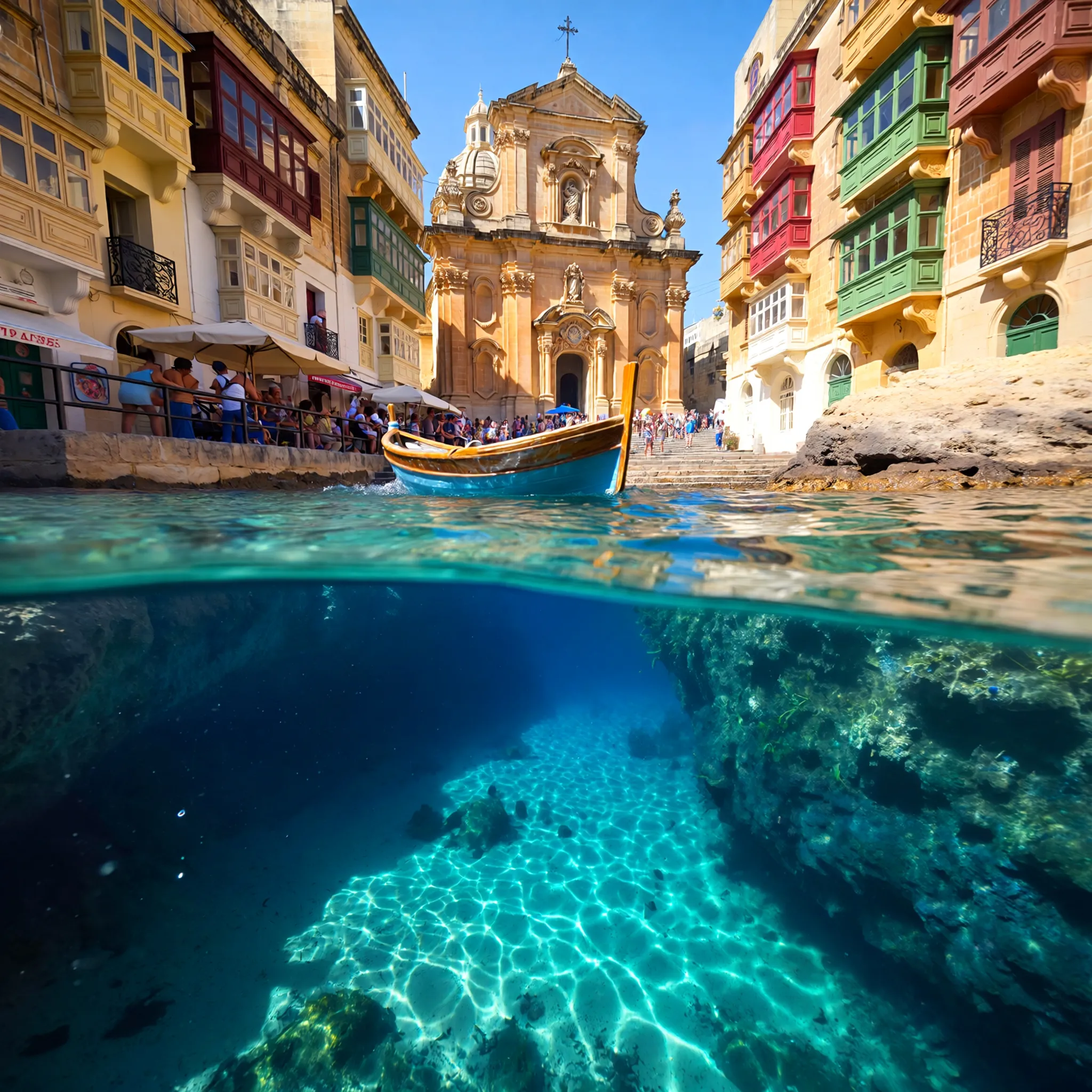 Widok Konkatedry św. Jana w Valletcie z małą łodzią zbliżającą się do Błękitnej Groty w promieniach słońca.