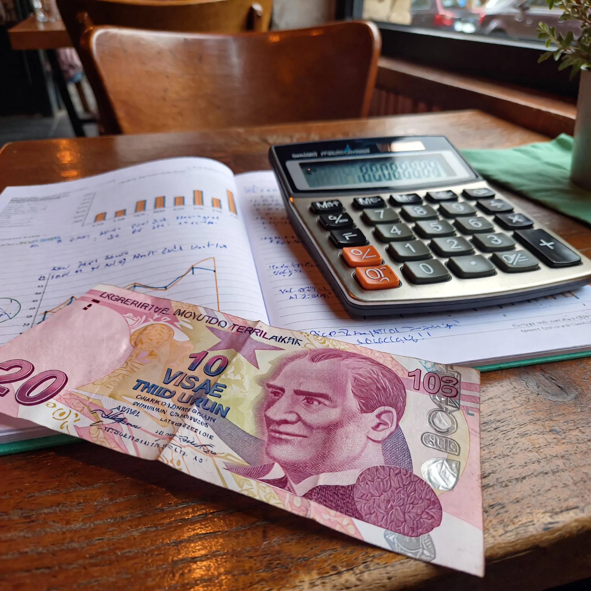 Lira turecka obok kalkulatora i notatnika na tle przytulnego stolika, idealna do zarządzania budżetem.