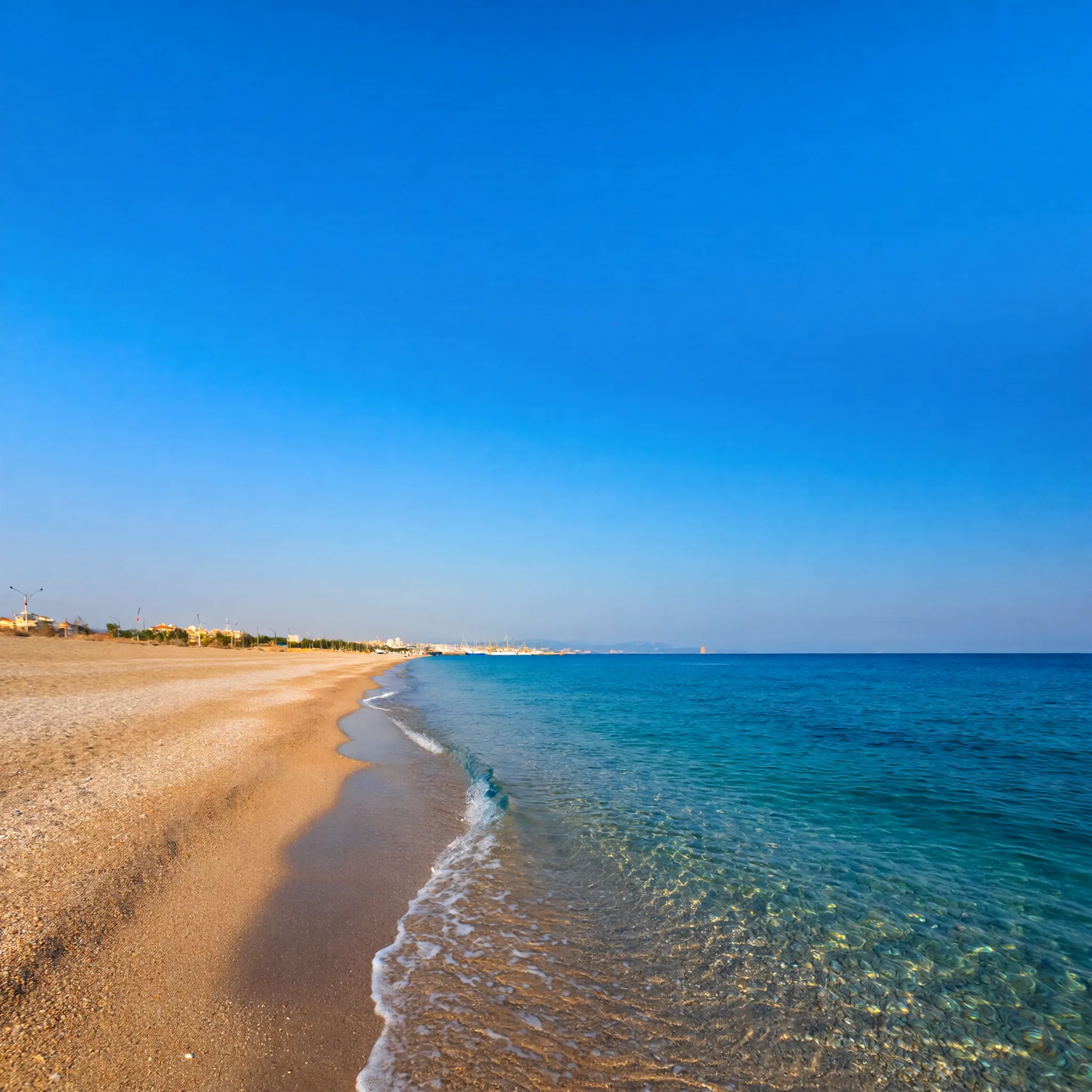 Widok plaży Kleopatry w Alanya z złotym piaskiem, falami i nocnym życiem portu w tle, idealny na relaks i odkrywanie.
