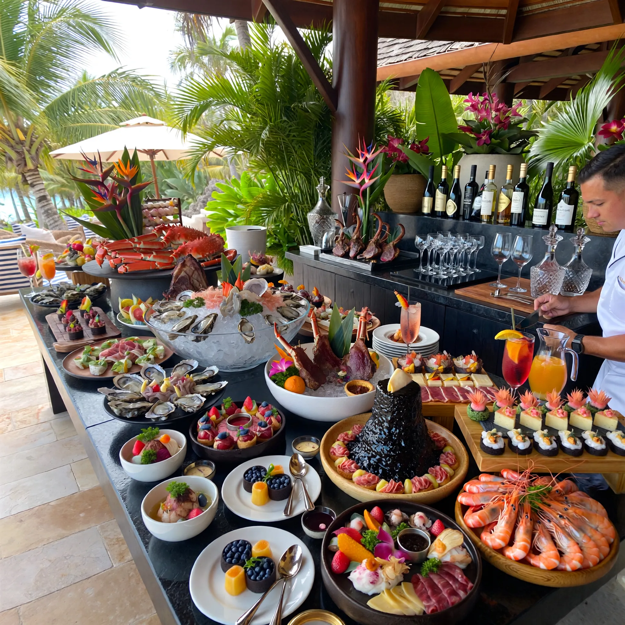 Luksusowy bufet w kurorcie, ukazujący różnice między All Inclusive a Ultra All Inclusive, w tropikalnej scenerii.