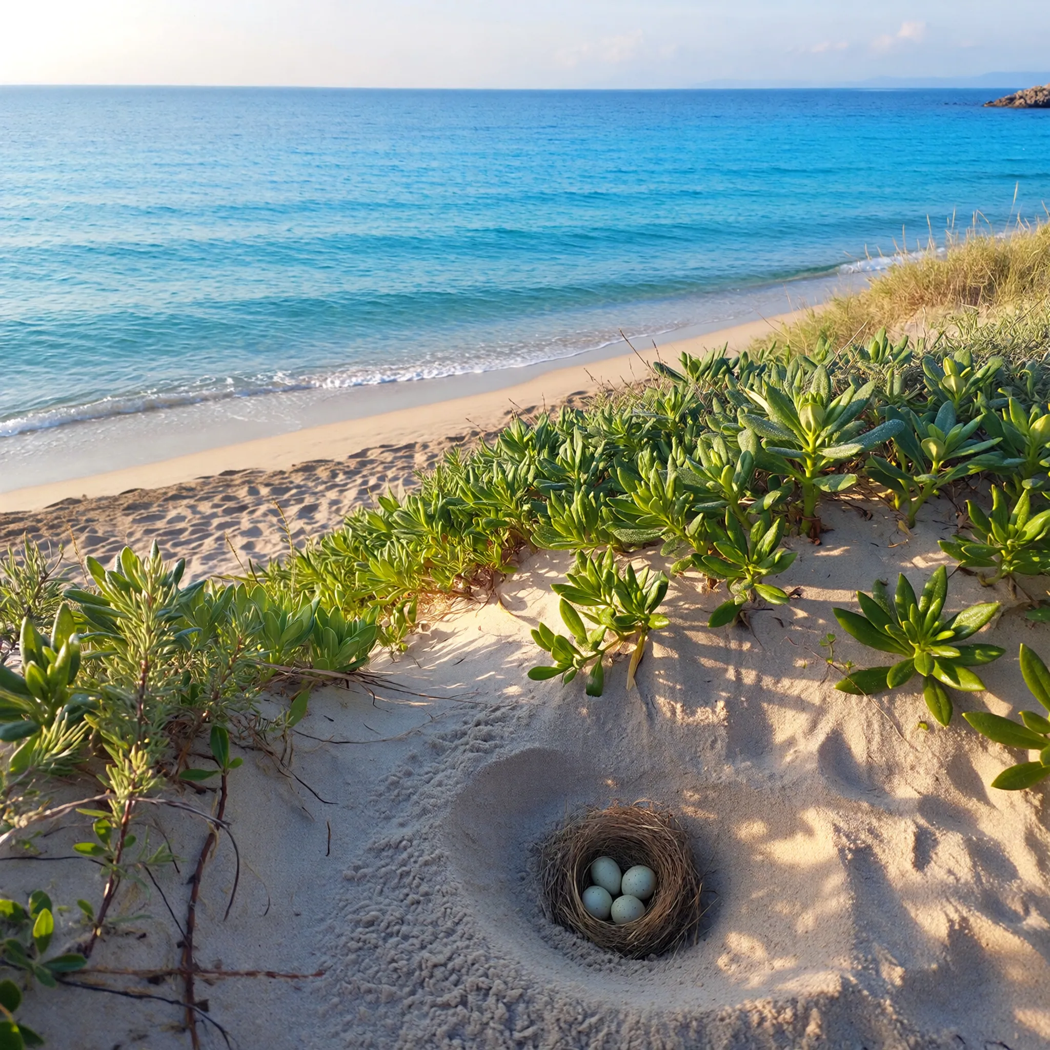 Niezwykła scena plaży w Belek z gniazdem żółwi Caretta caretta na złotym piasku, otoczona bujną roślinnością.