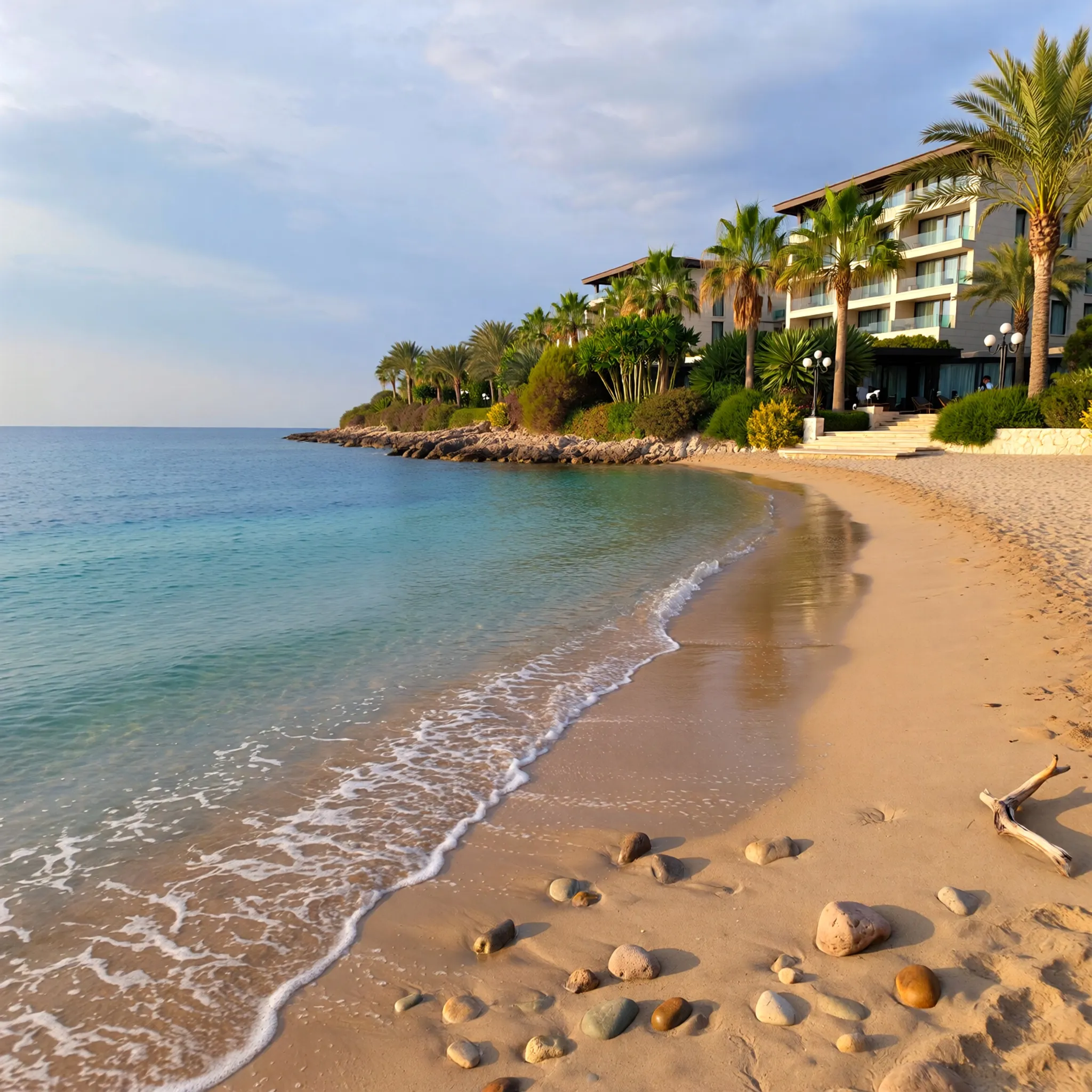 Spokojna plaża na Riwierze Tureckiej z luksusowymi hotelami, palmami i bezpieczną atmosferą w złotym świetle zachodu słońca.