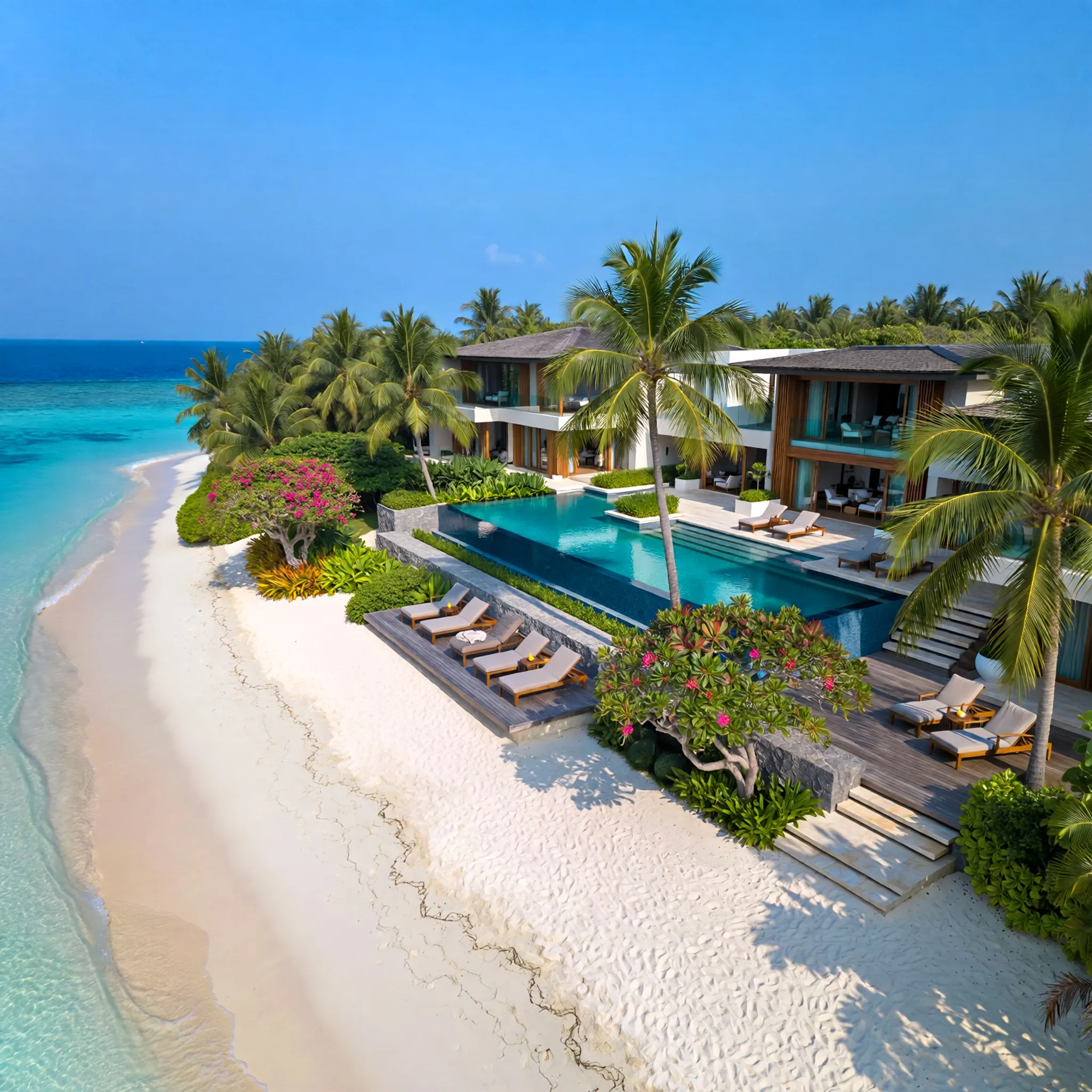 Luksusowy 5-gwiazdkowy resort z elegancką architekturą, basenem i egzotycznym ogrodem przy plaży.