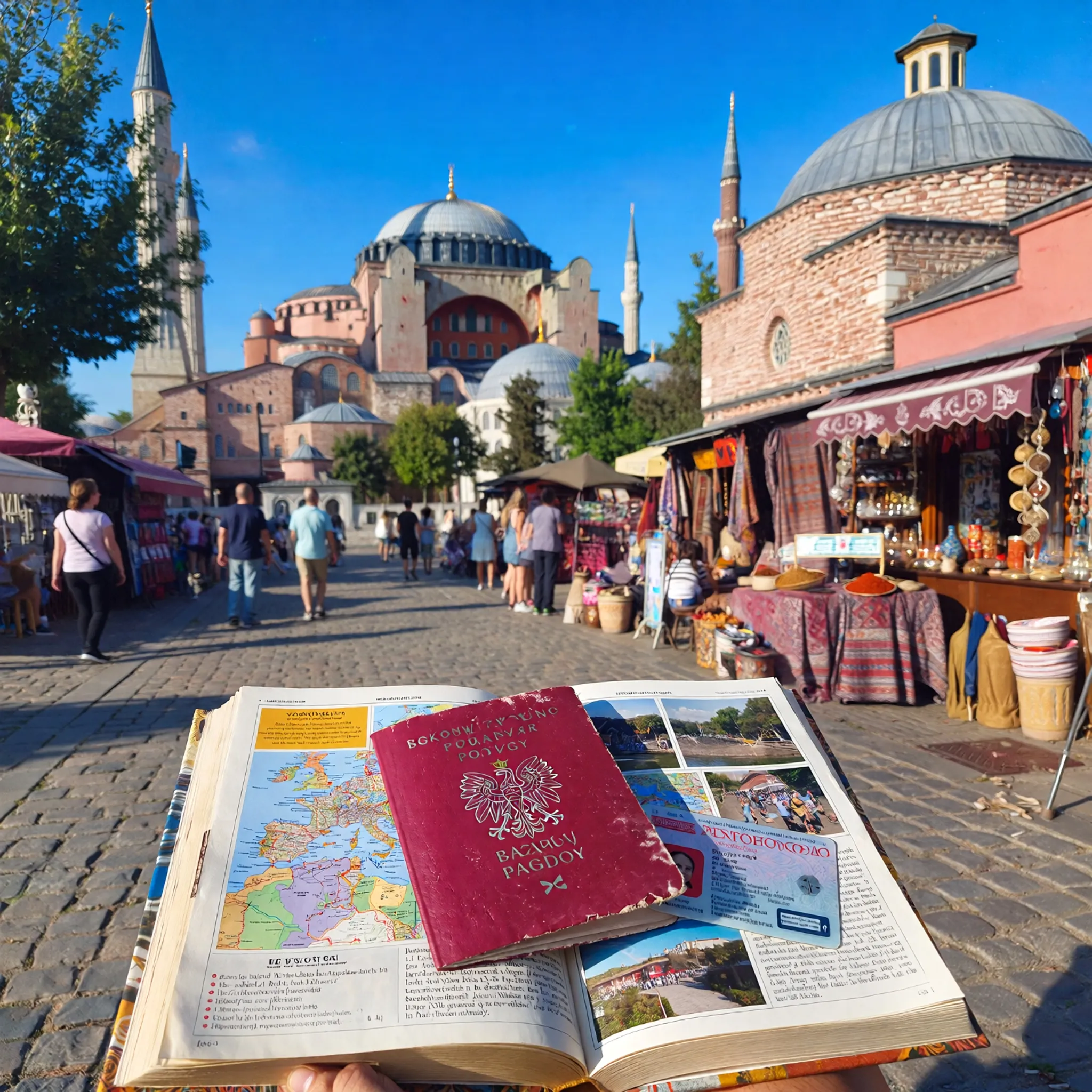 Polski paszport i dowód osobisty na tle Hagii Sophii i tureckiego rynku, symbolizujące podróż do Turcji w 2026 roku.
