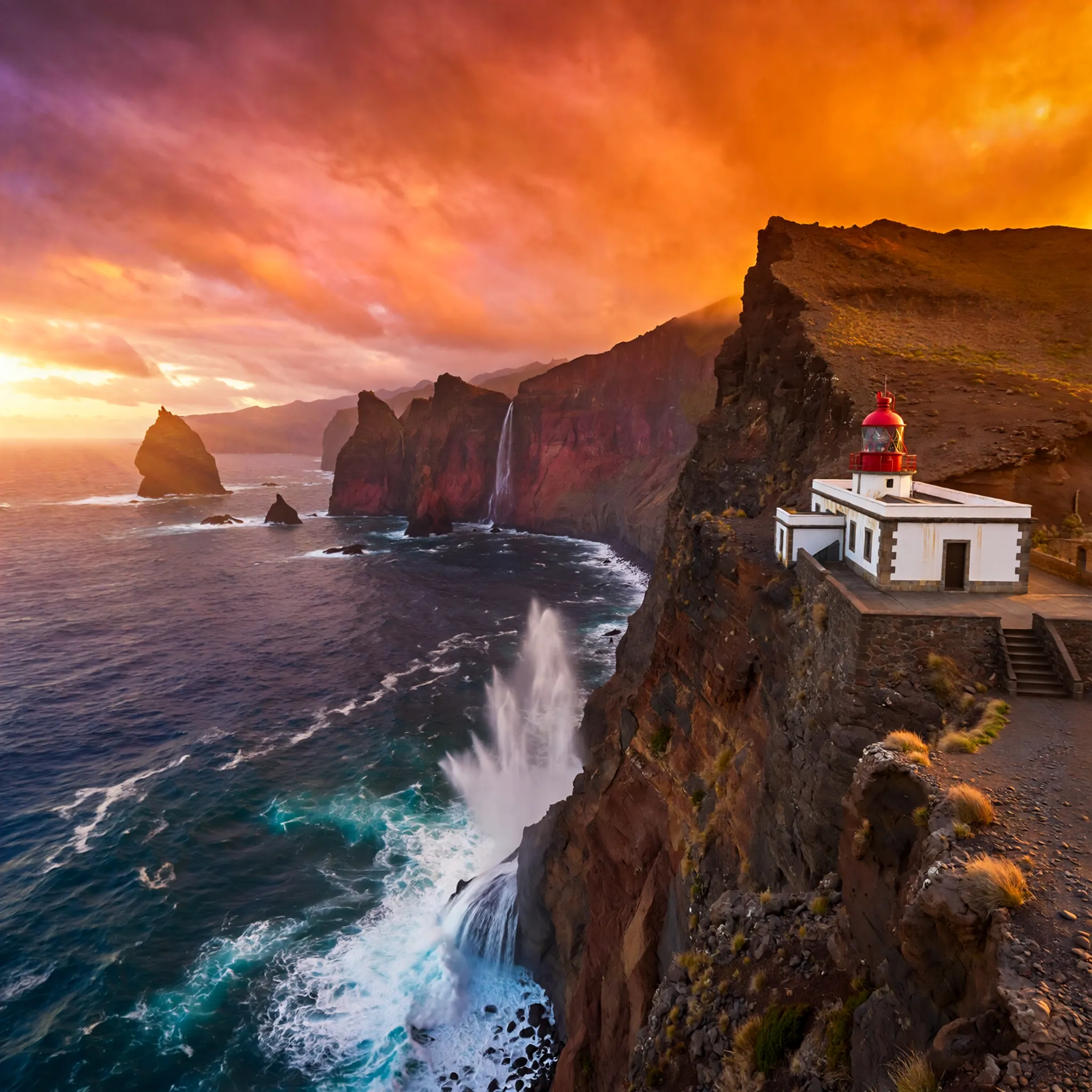 Zachody słońca przy latarni morskiej Farol da Ponta do Pargo