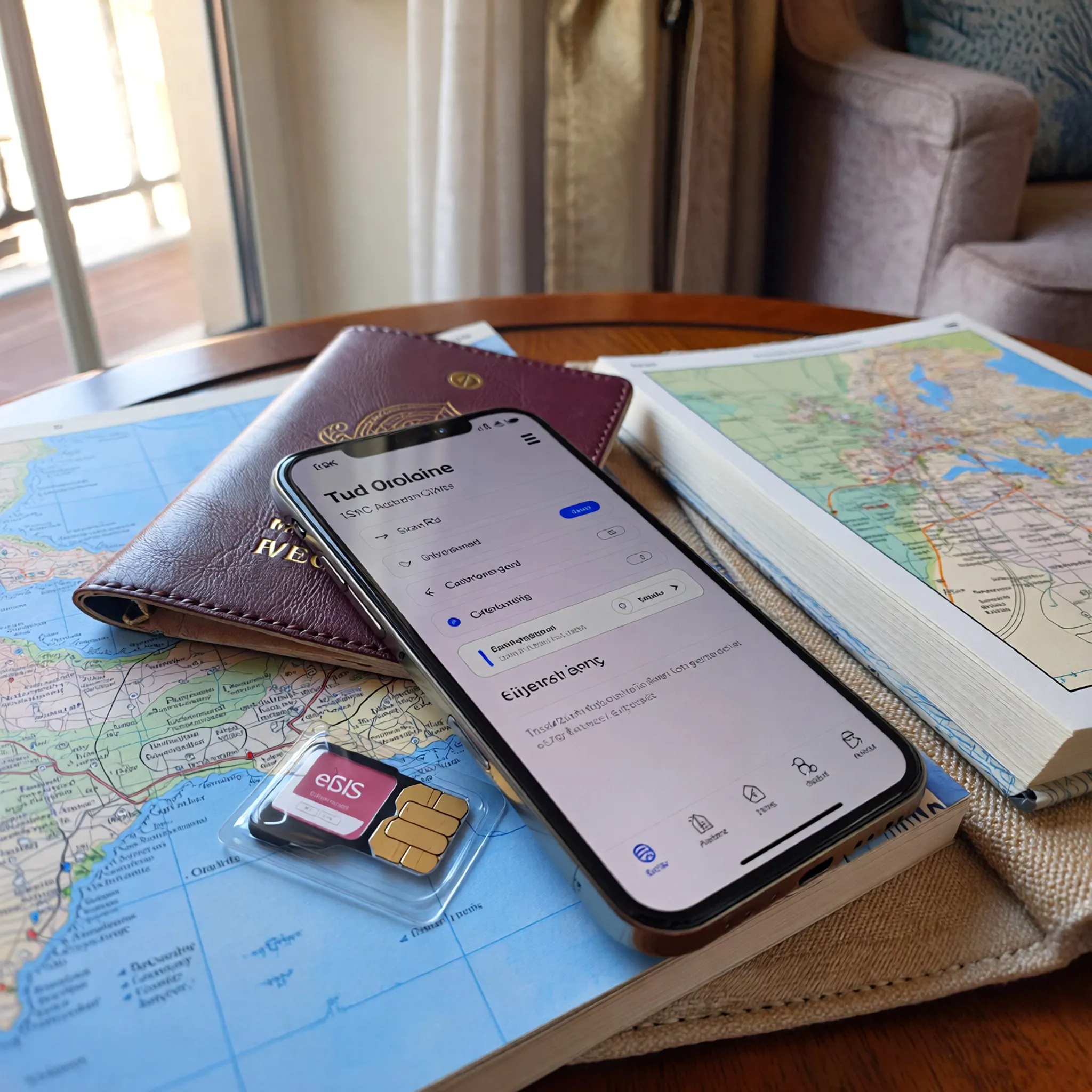 eSIM activation screen on a smartphone with travel essentials, highlighting cost-effective roaming solutions for travelers.