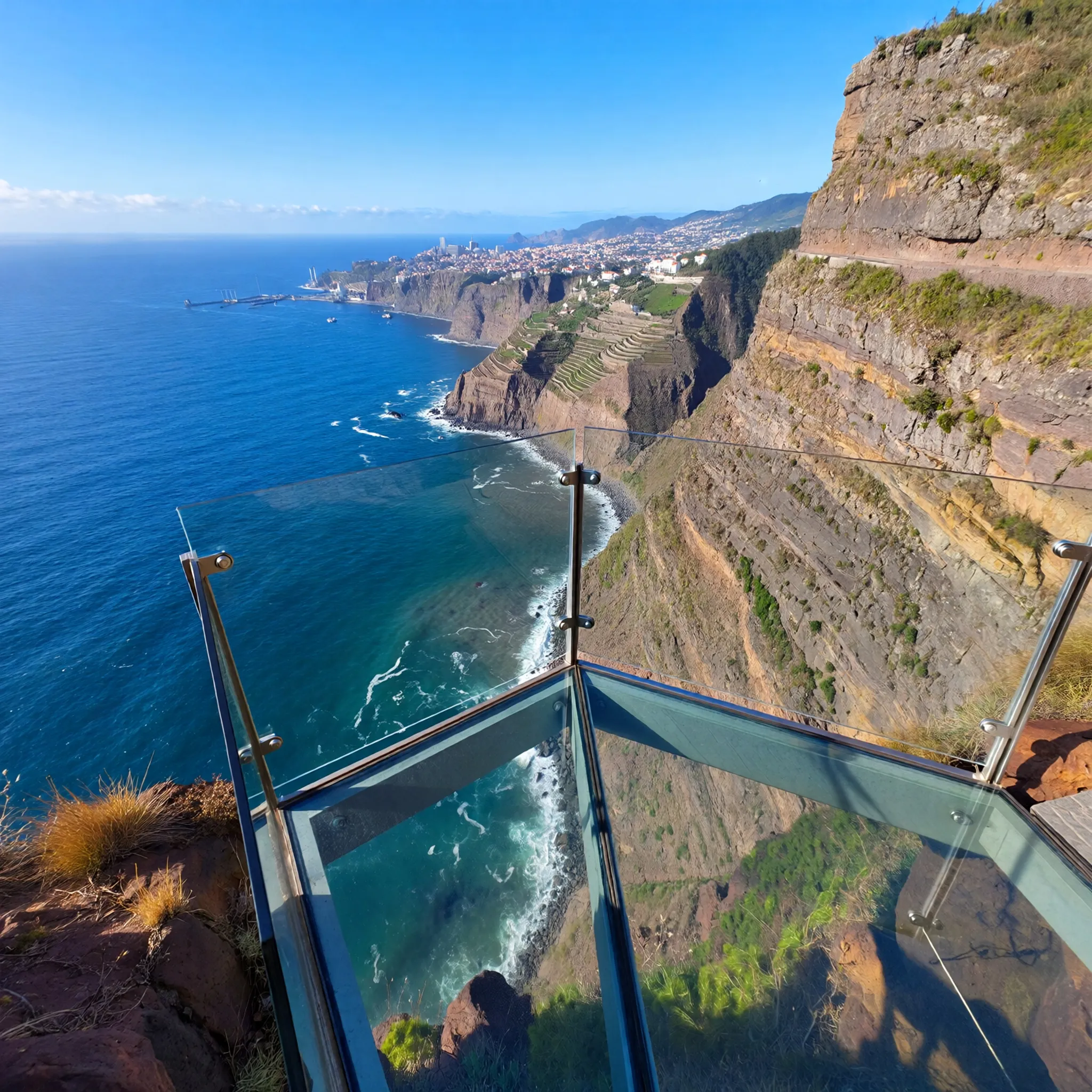 Panoramiczny widok z Cabo Girão, z przezroczystą platformą Skywalk, klifami i miastem Funchal w tle.